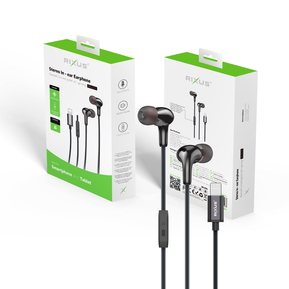 Rixus RXHD27L Stereo In-Ear Lightning Connector Wired Earphone Black