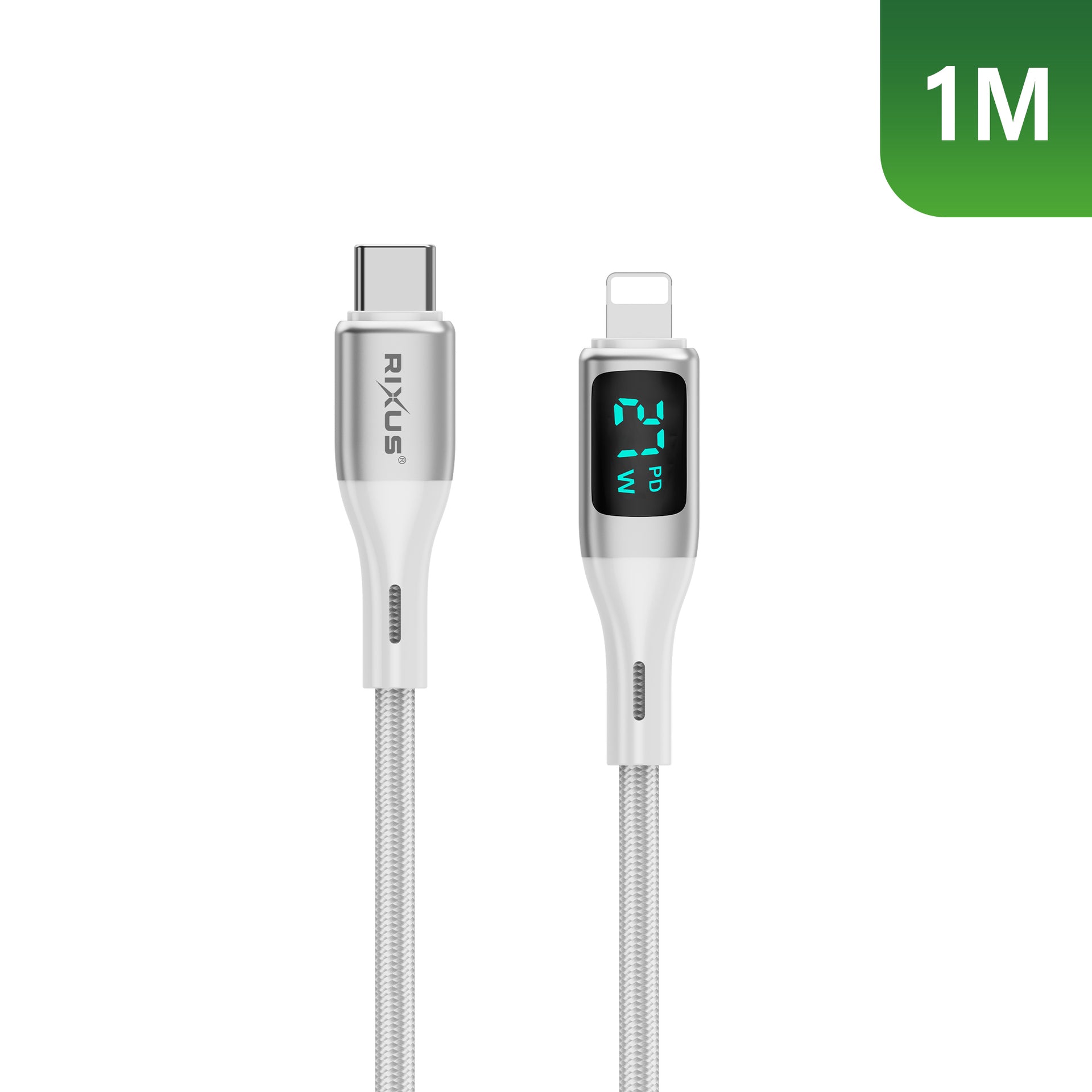 Rixus RXUC29L Braided USB-C To Lightning Connector Cable With LED Display White