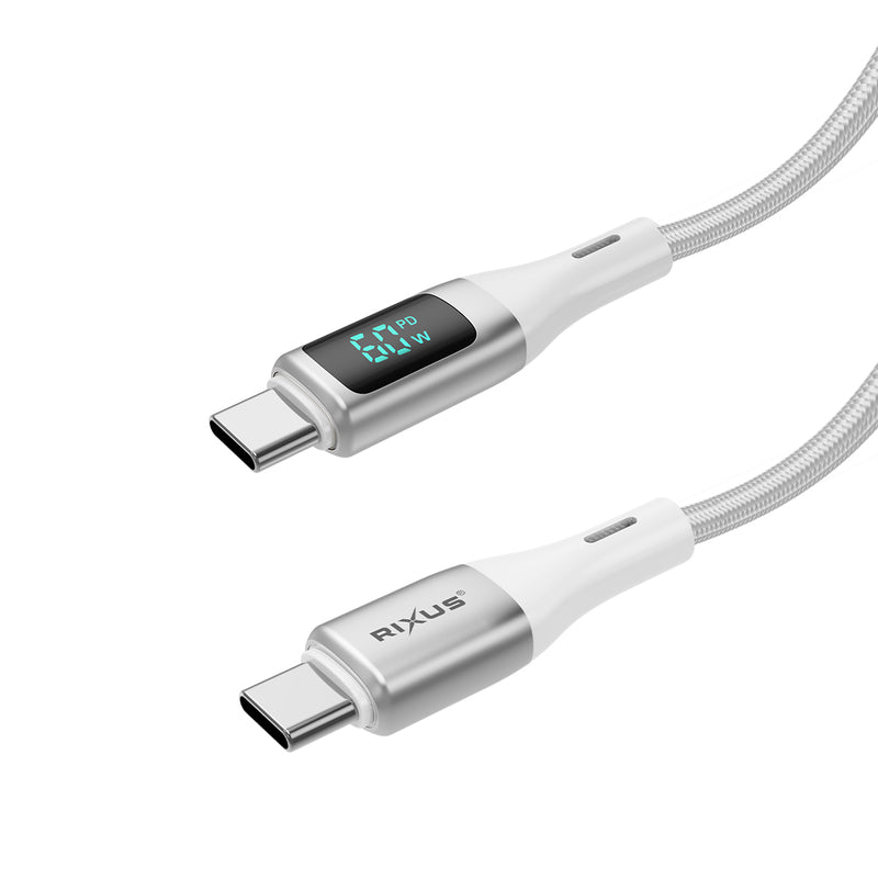 Rixus RXUC29C Braided USB-C To USB-C Cable With LED Display White