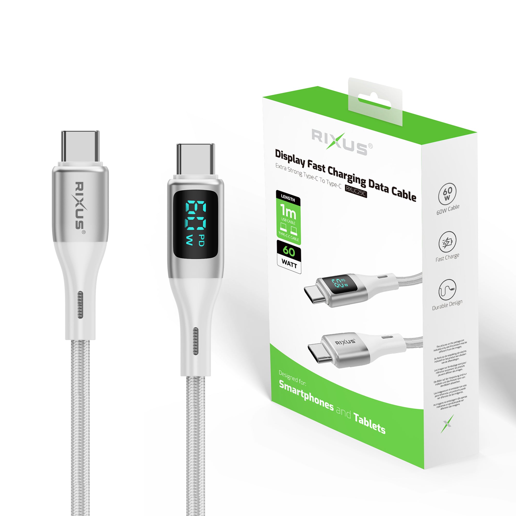 Rixus RXUC29C Braided USB-C To USB-C Cable With LED Display White