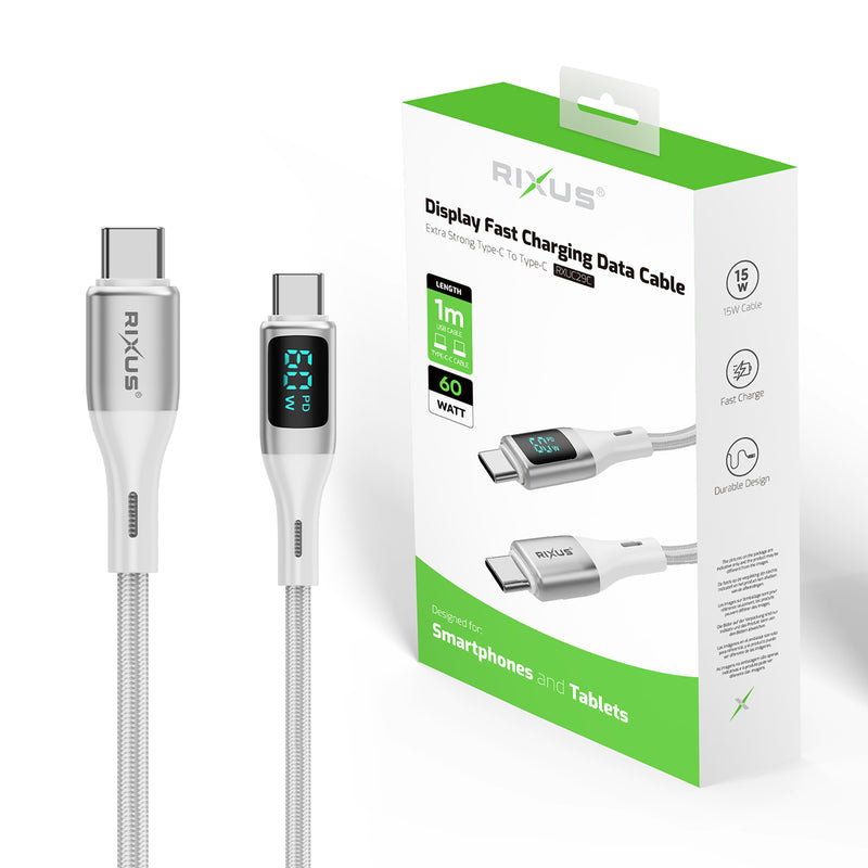 Rixus RXUC29C Braided USB-C To USB-C Cable With LED Display White