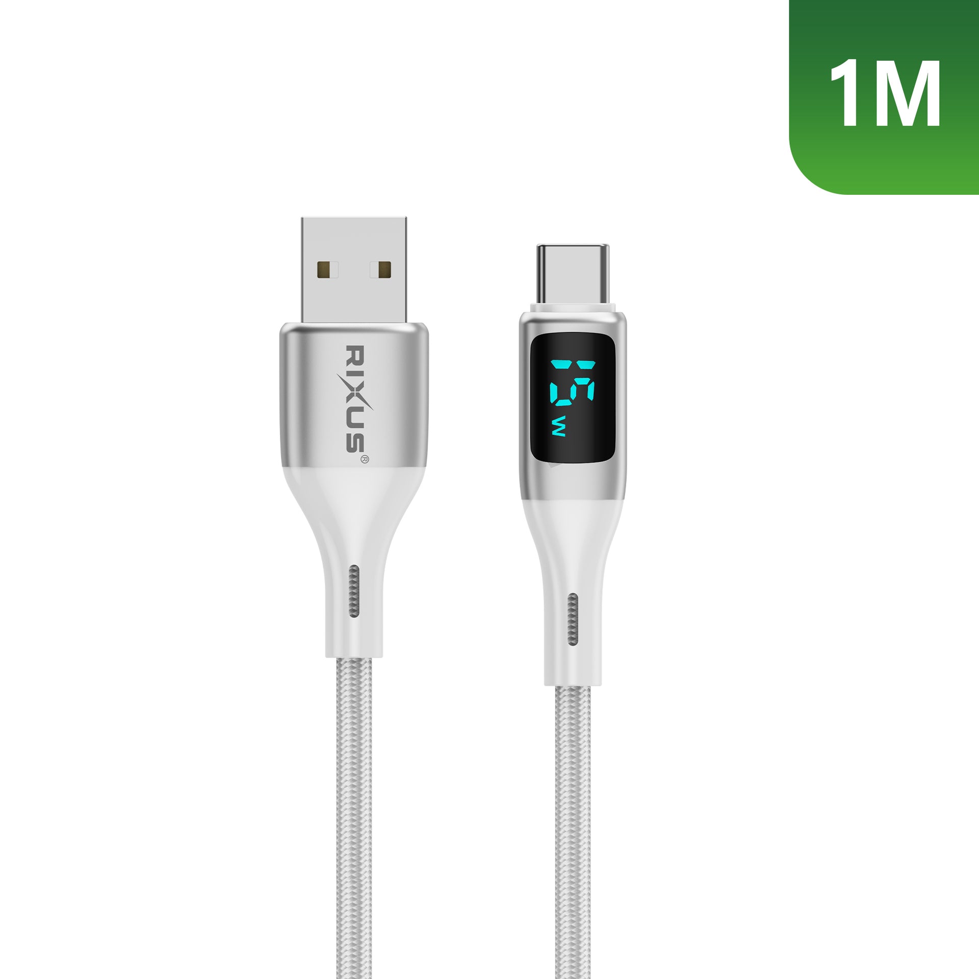 Rixus RXUC29AC Braided USB-A To USB-C Cable With LED Display White