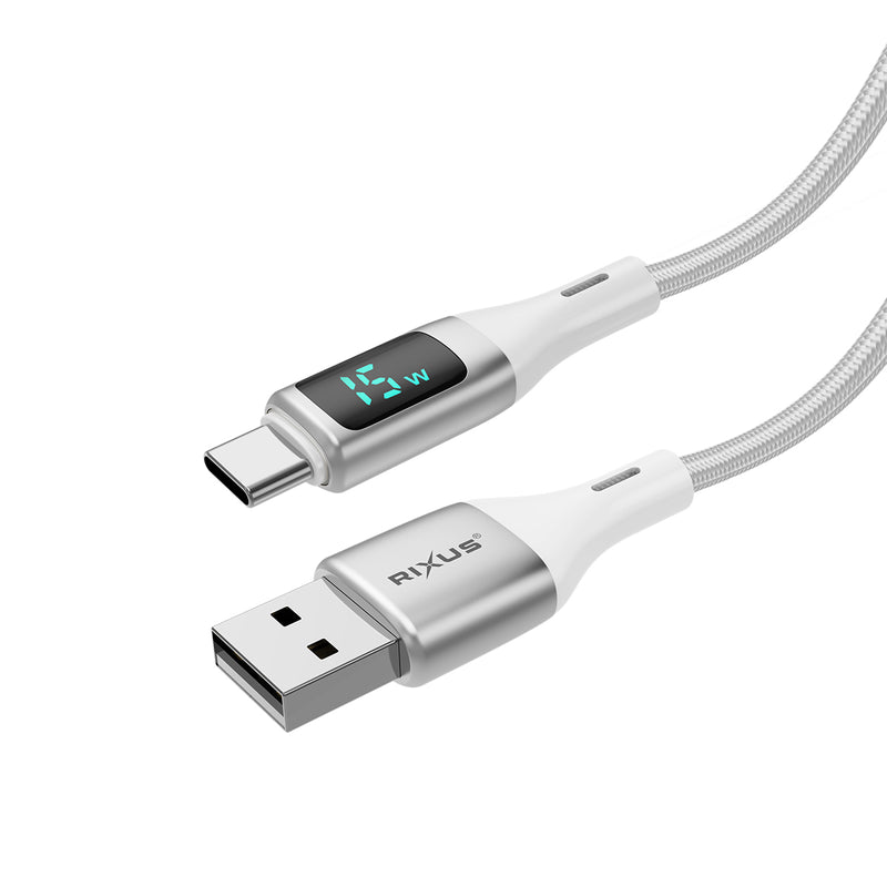 Rixus RXUC29AC Braided USB-A To USB-C Cable With LED Display 100CM White