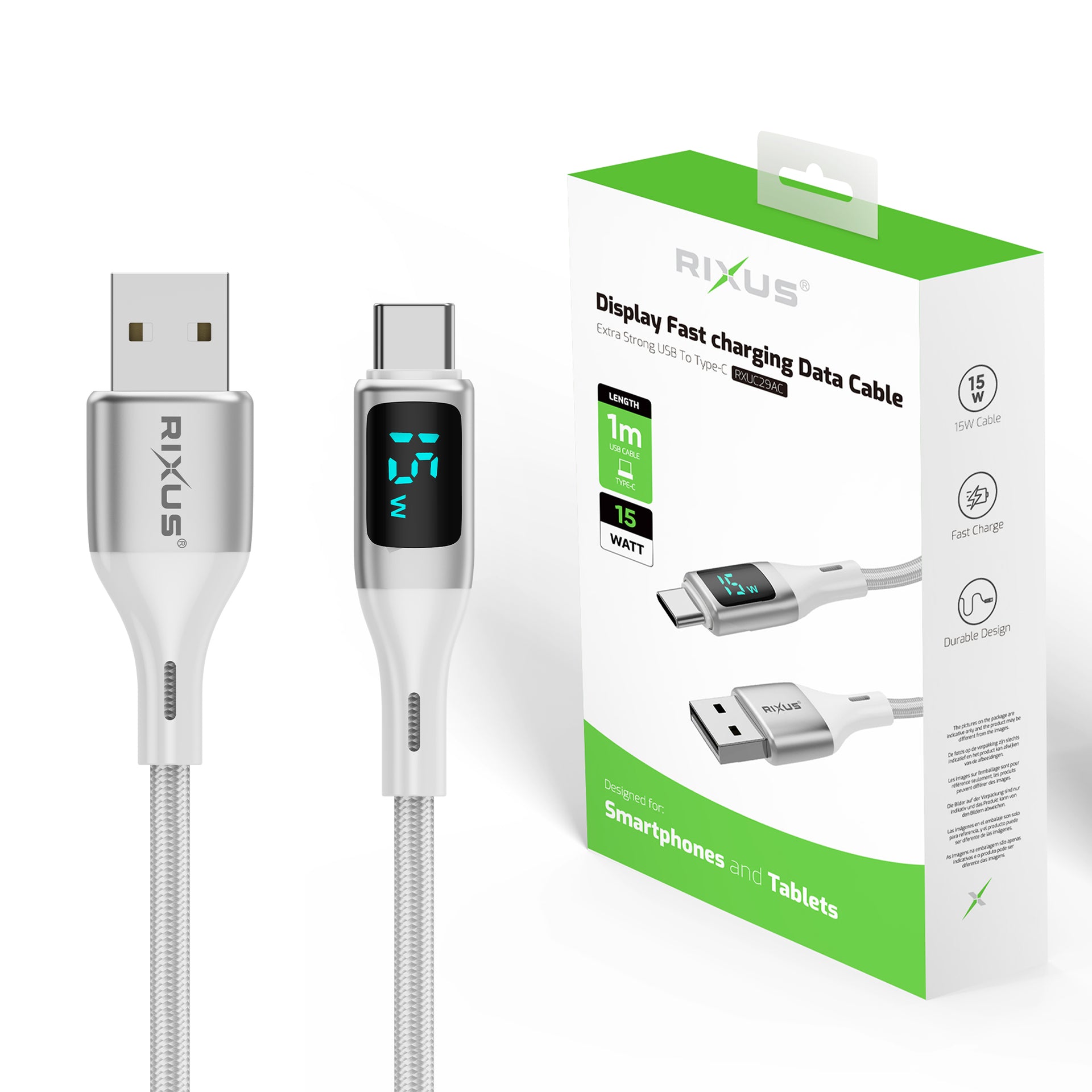 Rixus RXUC29AC Braided USB-A To USB-C Cable With LED Display White