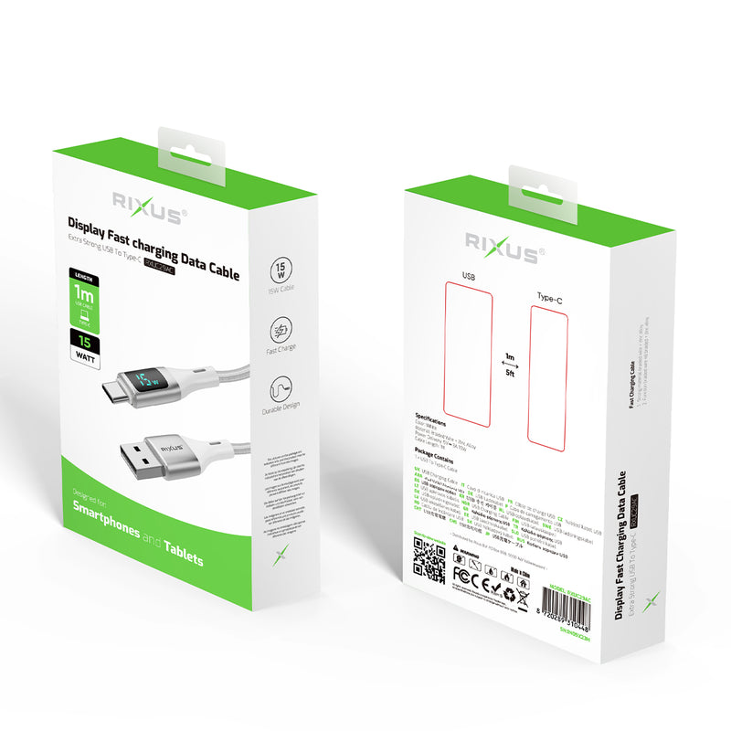 Rixus RXUC29AC Braided USB-A To USB-C Cable With LED Display White