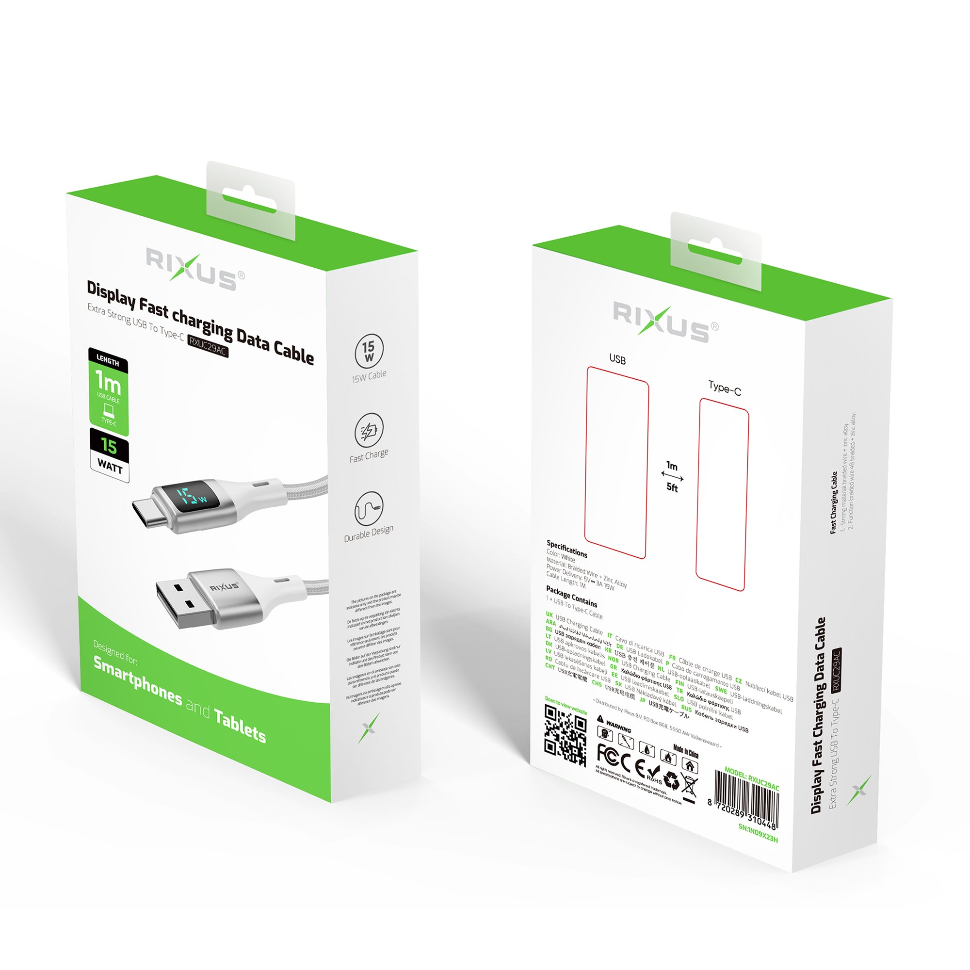 Rixus RXUC29AC Braided USB-A To USB-C Cable With LED Display White