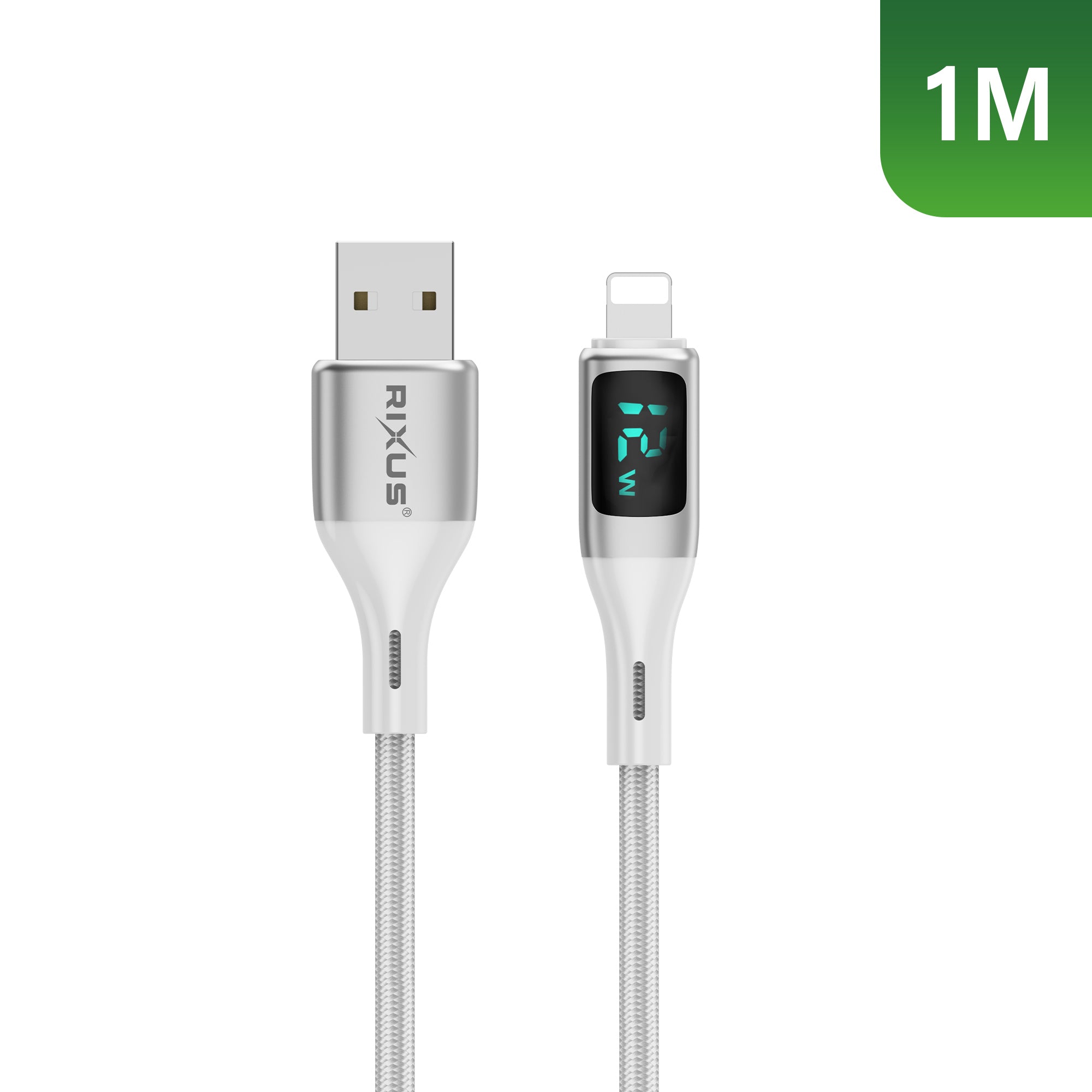 Rixus RXUC29AL Braided USB-A To Lightning Connector Cable With LED Display White