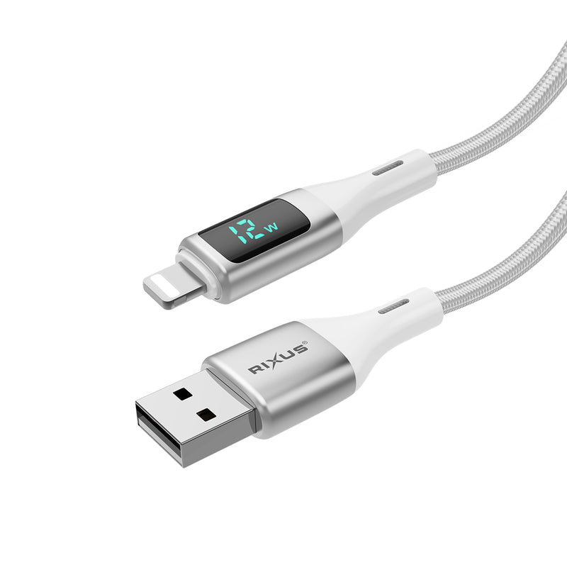 Rixus RXUC29AL Braided USB-A To Lightning Cable With LED Display White