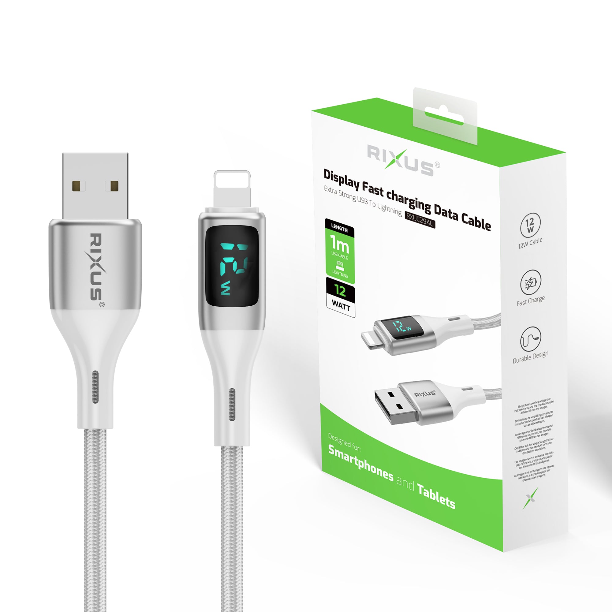 Rixus RXUC29AL Braided USB-A To Lightning Connector Cable With LED Display White