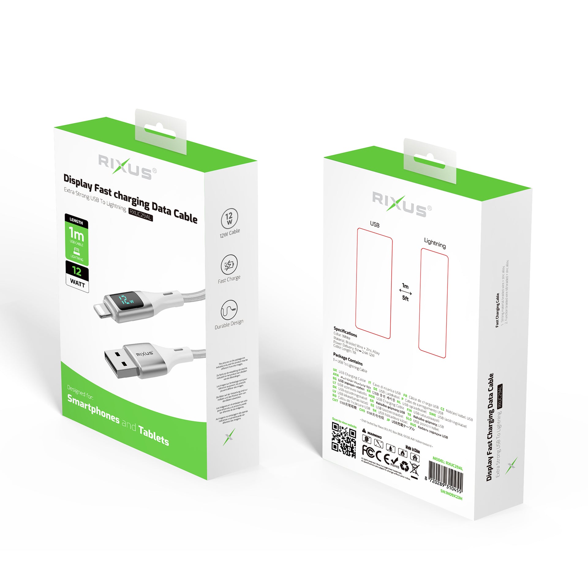 Rixus RXUC29AL Braided USB-A To Lightning Connector Cable With LED Display White