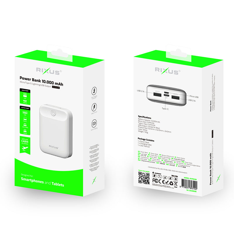 Rixus RXPB33B Ultra-Compact Power Bank 10000 mAh White