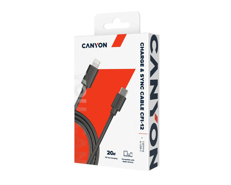 Canyon USB-C To Lightning CFI-12 5V 3A, 9V 2.22A ,PD 20W, OD 4.5MM, 2 Mtr, PVC Black