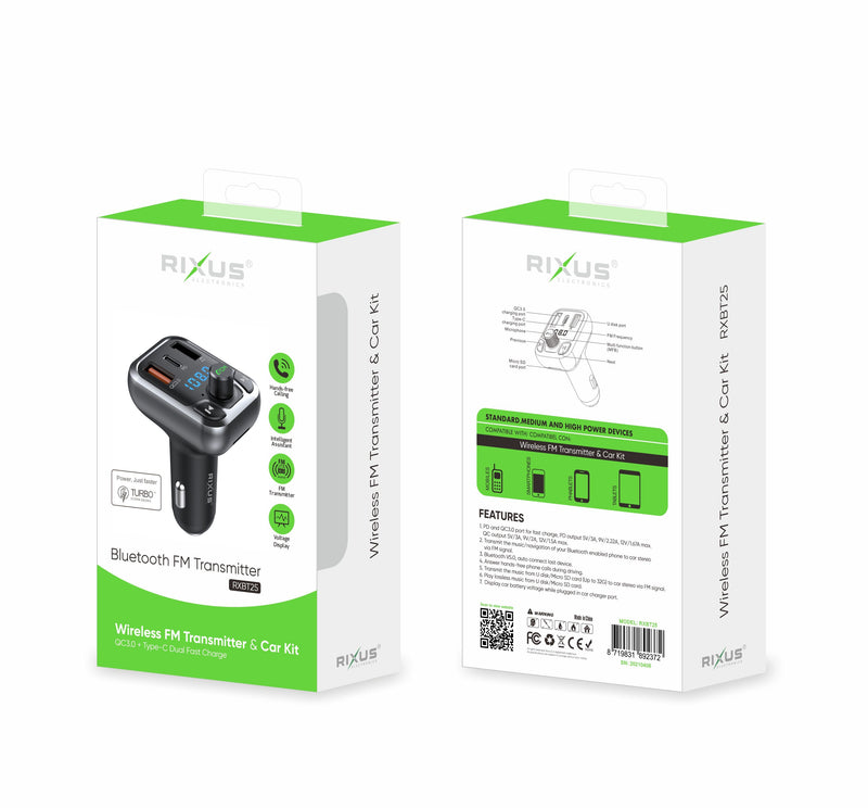 Rixus RXBT25 Bluetooth FM Transmitter QC 3.0 And Type C Dual Fast Charge