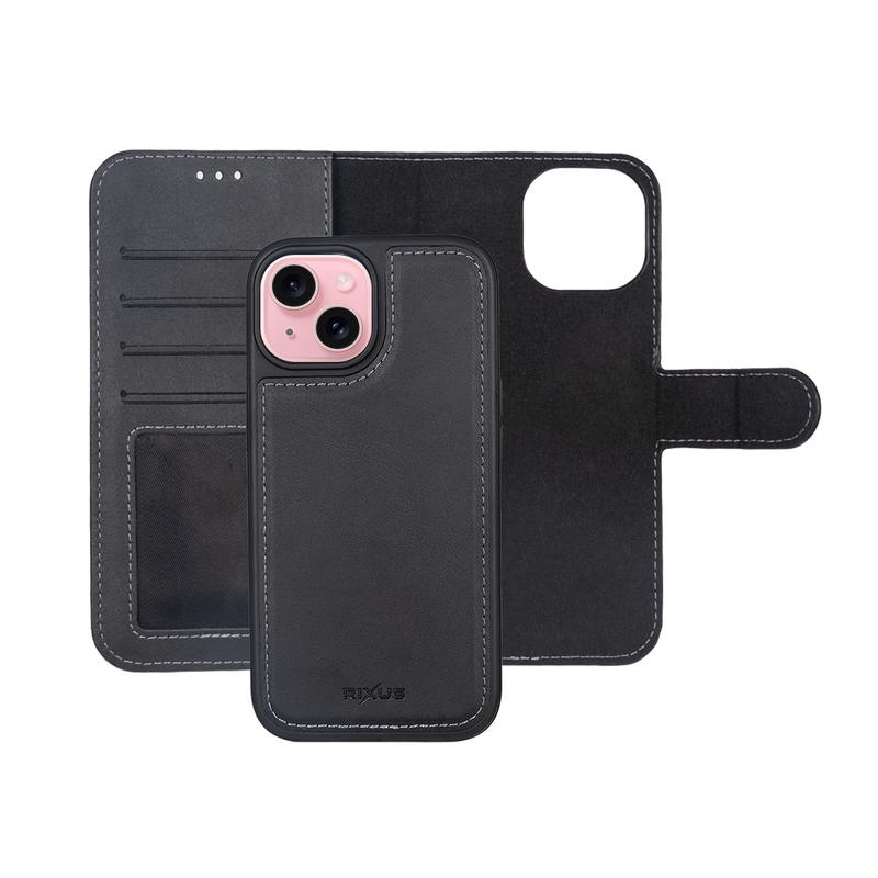 Rixus For iPhone 15 Plus Duo Magnetic Detachable Wallet Black