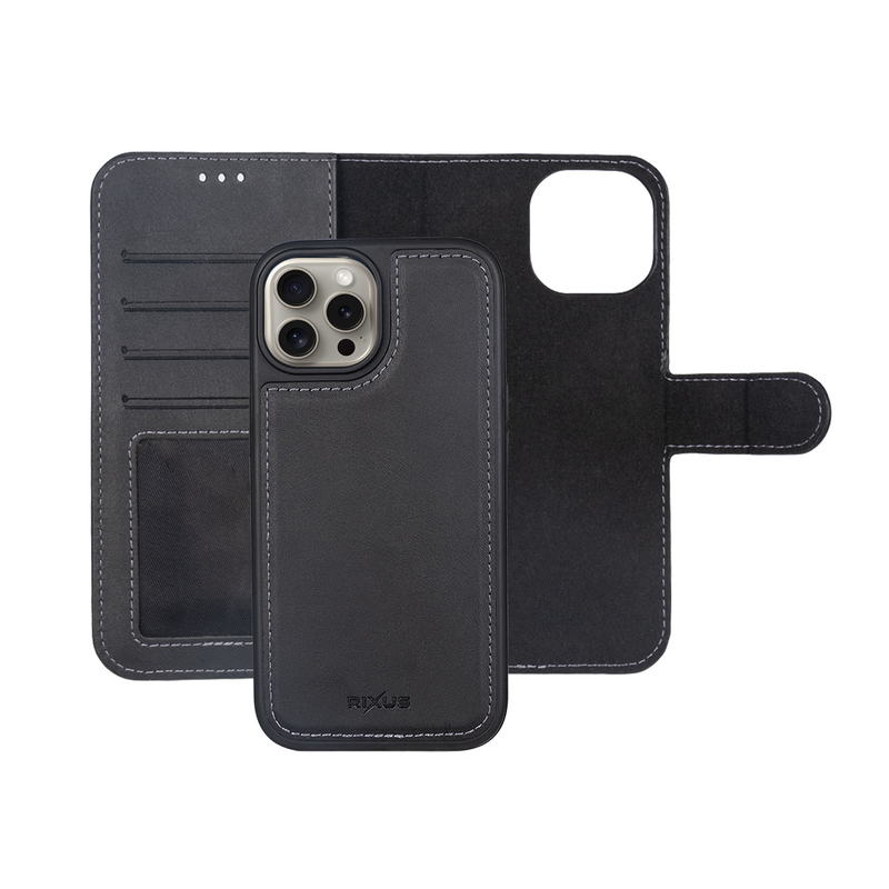 Rixus For iPhone 15 Pro Duo Magnetic Detachable Wallet Black