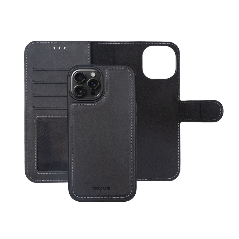 Rixus For iPhone 14 Pro Duo Magnetic Detachable Wallet Black