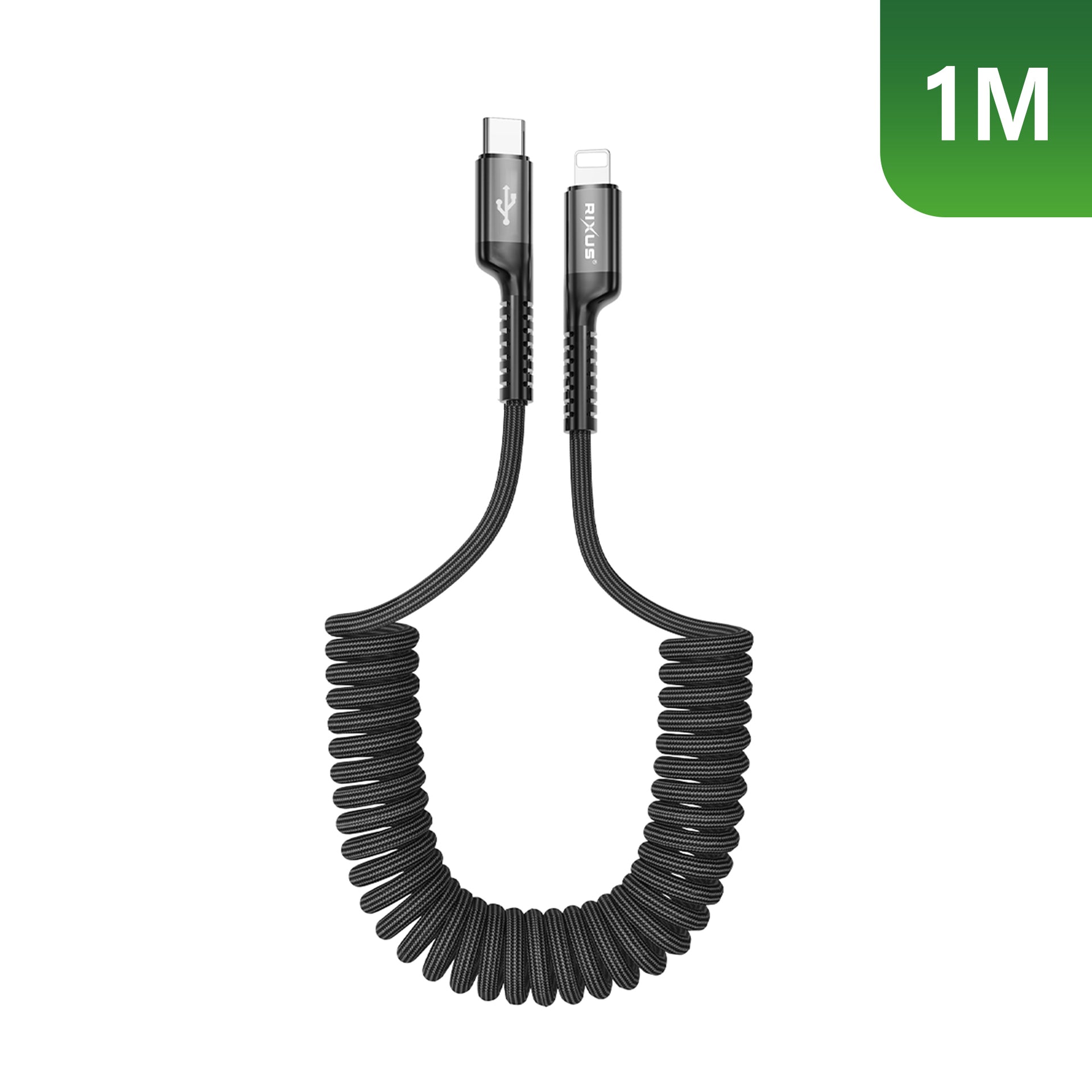 Rixus RXUC17L Retractable Spring Cable USB-C To Lightning Connector Black