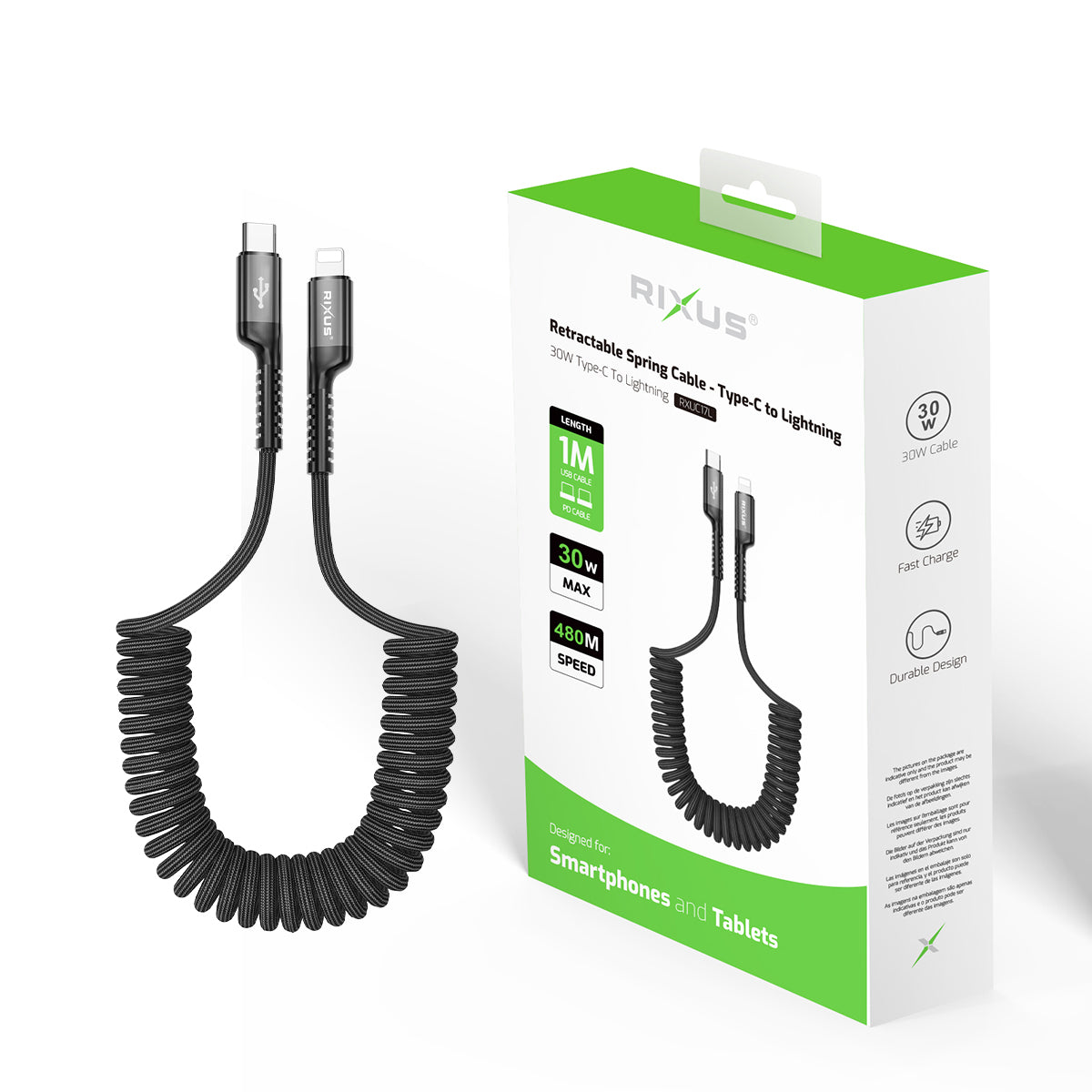 Rixus RXUC17L Retractable Spring Cable USB-C To Lightning Connector Black