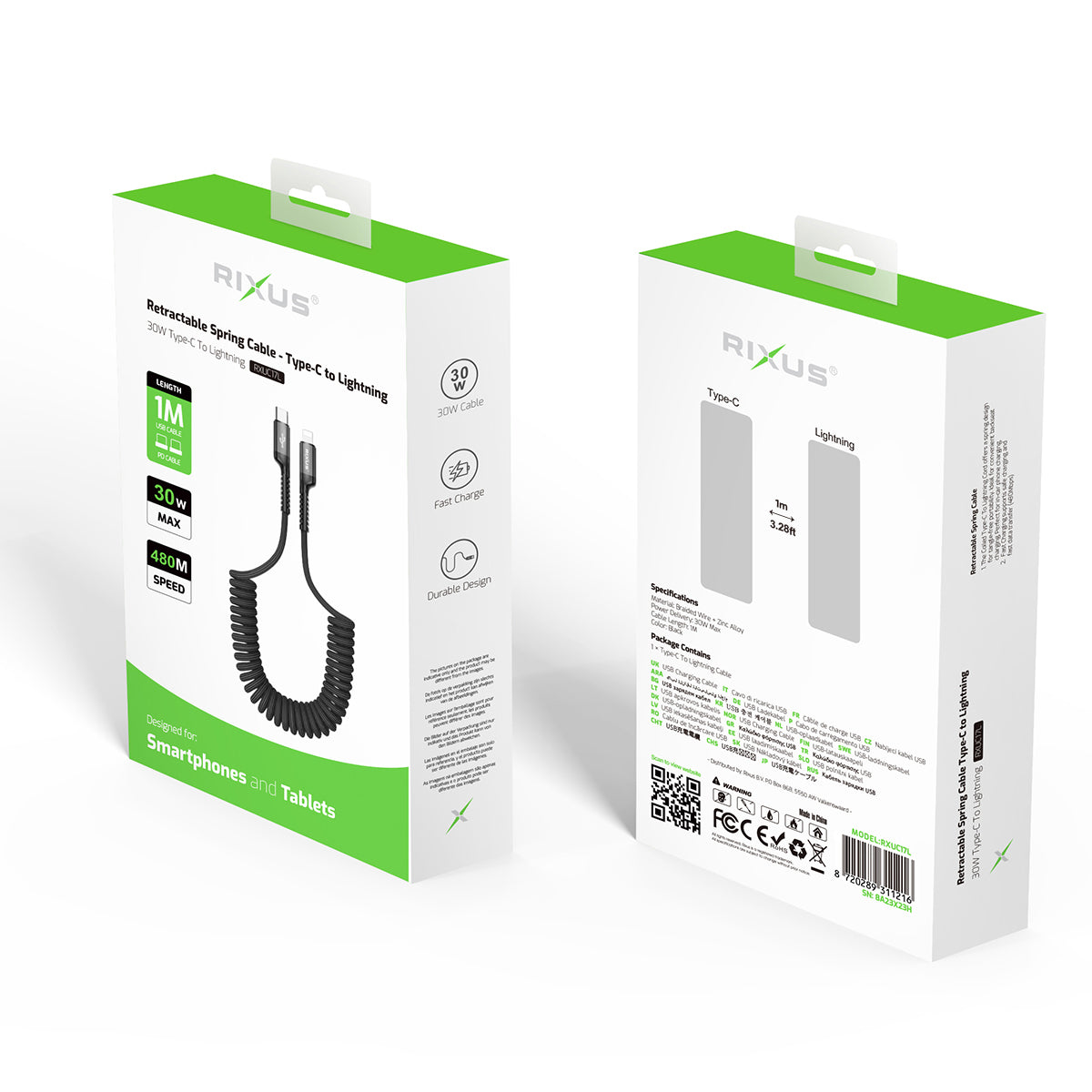 Rixus RXUC17L Retractable Spring Cable USB-C To Lightning Connector Black
