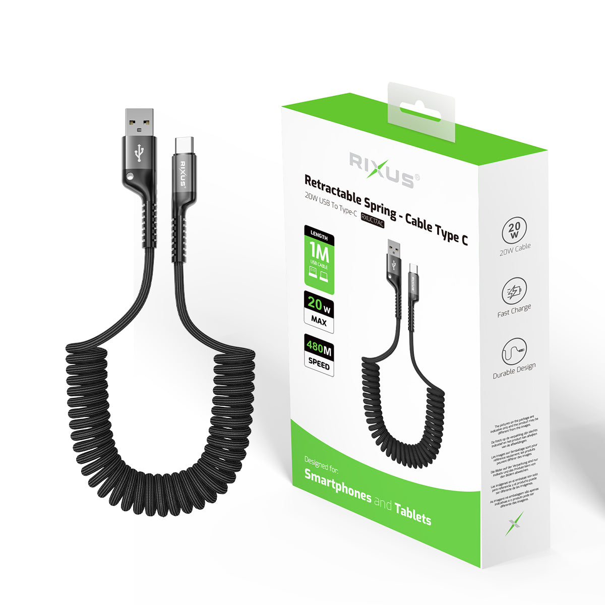 Rixus RXUC17AC Retractable Spring Cable USB-A To USB-C Black