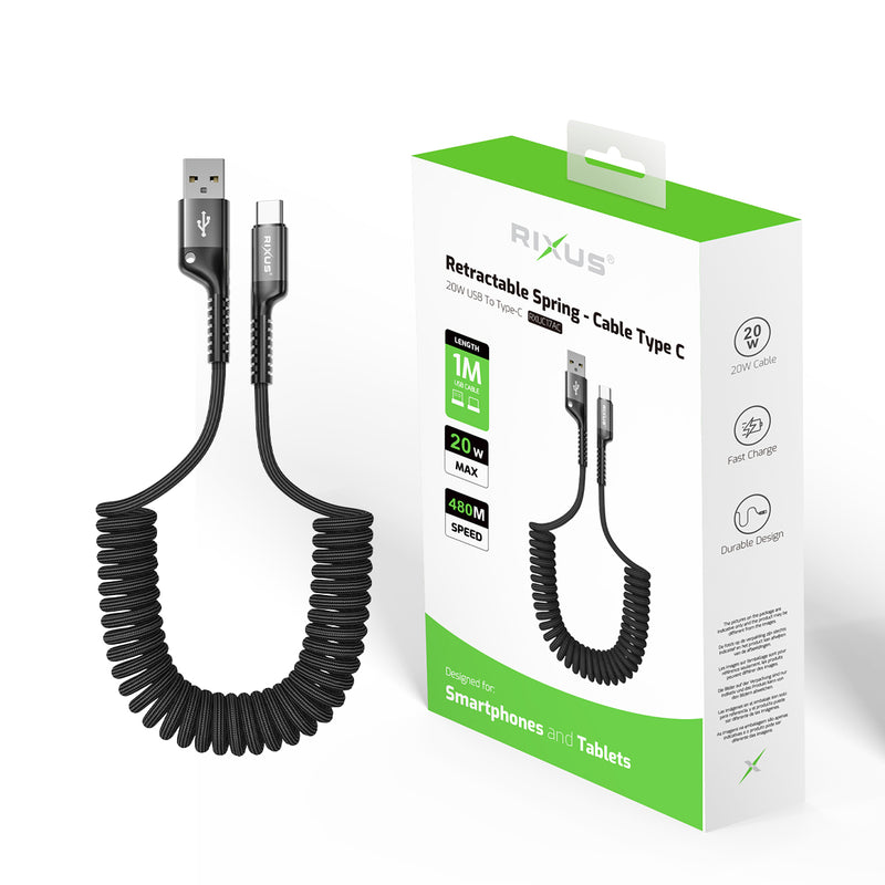 Rixus RXUC17AC Retractable Spring Cable USB-A to Type-C Black