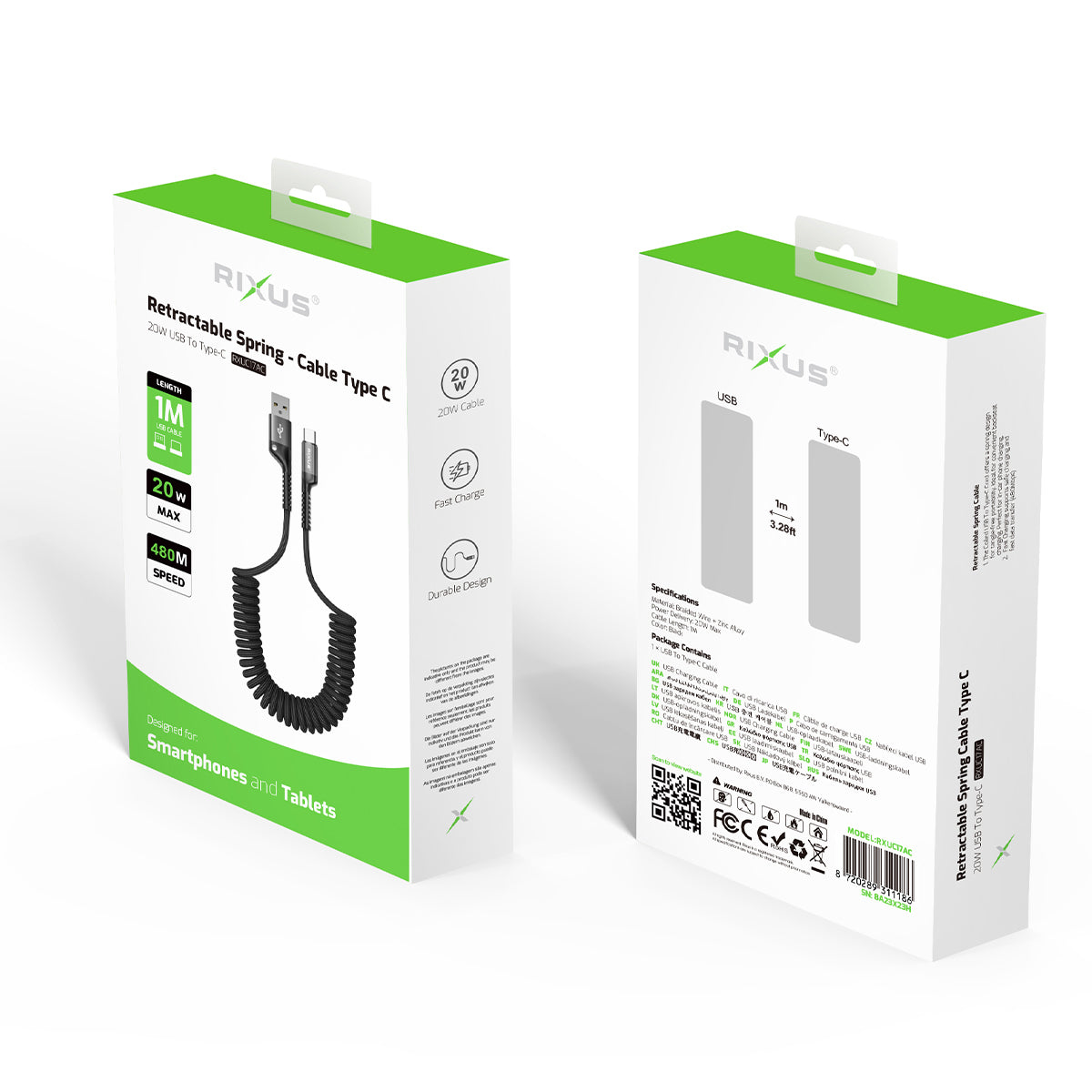 Rixus RXUC17AC Retractable Spring Cable USB-A To USB-C Black