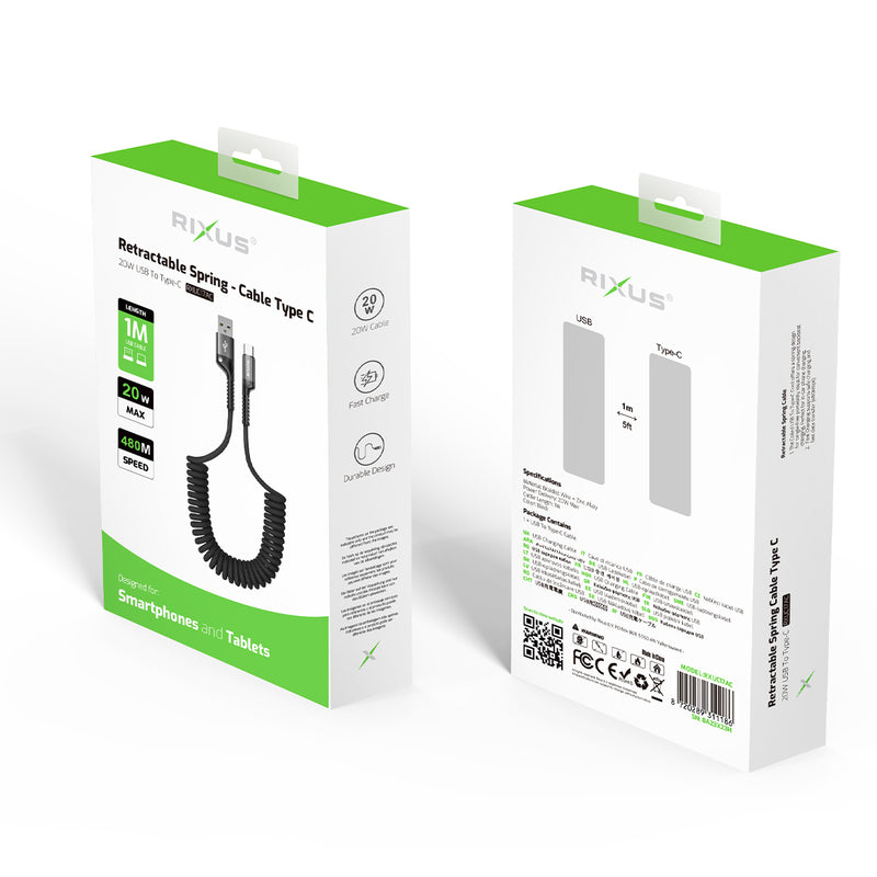 Rixus RXUC17AC Retractable Spring Cable USB-A to Type-C Black