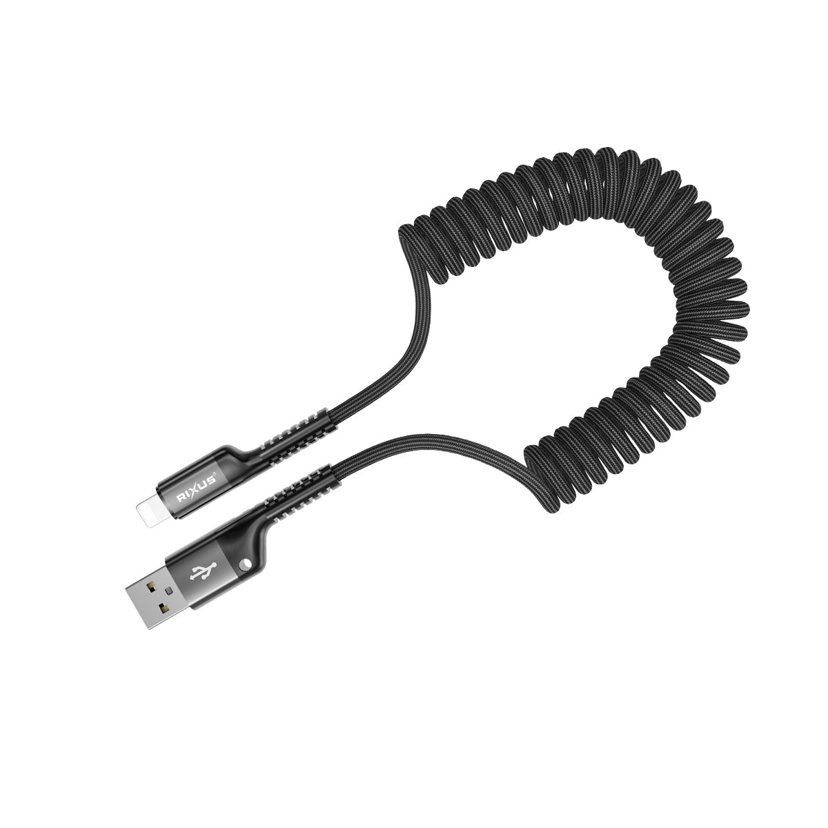 Rixus RXUC17AL Retractable Spring Cable USB-A To Lightning Connector Black