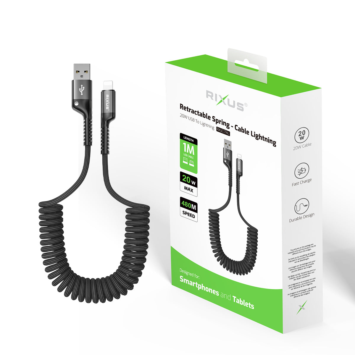 Rixus RXUC17AL Retractable Spring Cable USB-A To Lightning Connector Black