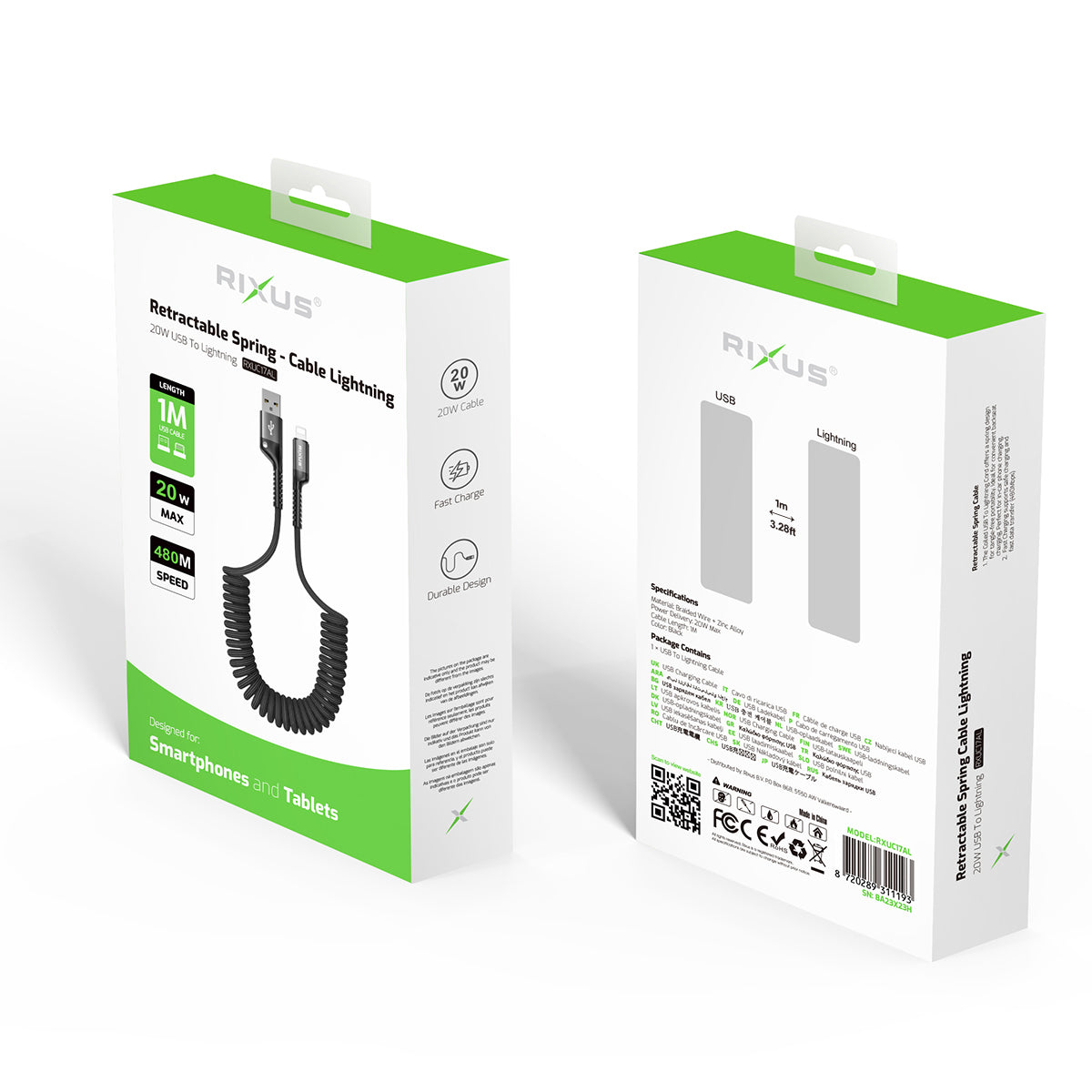 Rixus RXUC17AL Retractable Spring Cable USB-A To Lightning Connector Black