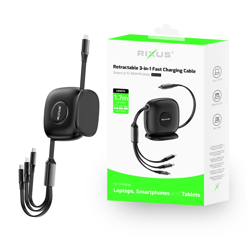 Rixus RXUC61 Retractable 100W 3 in 1 Cable Desktop USB Type C Fast Charger 1.7m Black