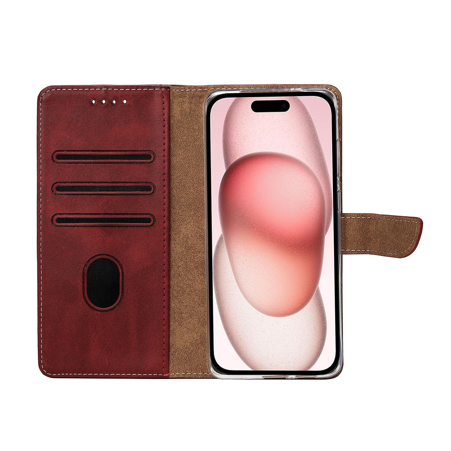Rixus Bookcase For Apple iPhone 15 Dark Red