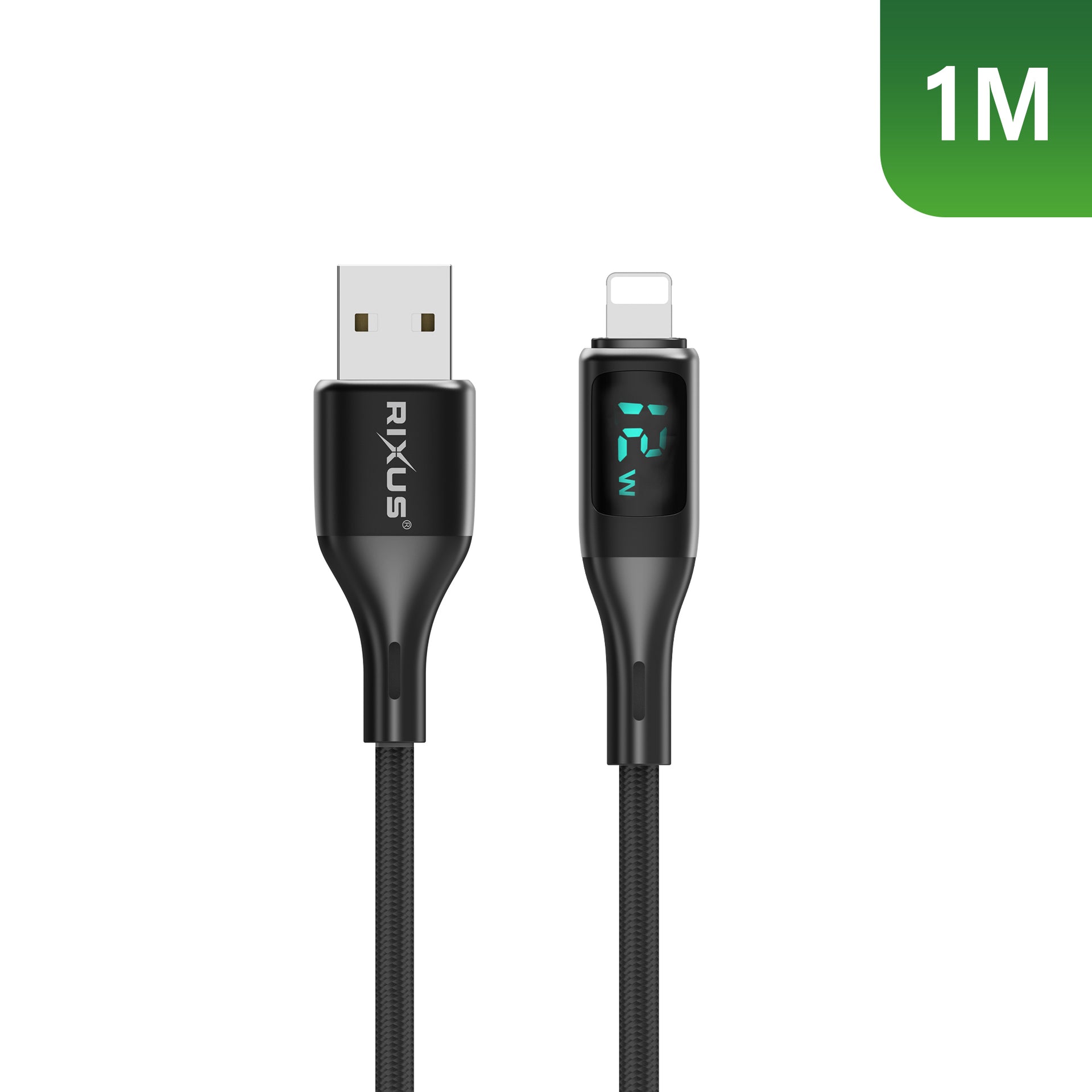 Rixus RXUC28AL Braided USB To Lightning Connector Cable With LED Display 1m Black