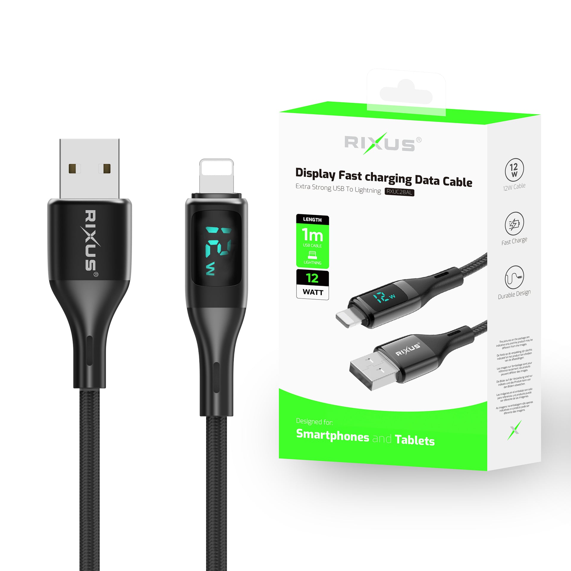 Rixus RXUC28AL Braided USB To Lightning Connector Cable With LED Display 1m Black