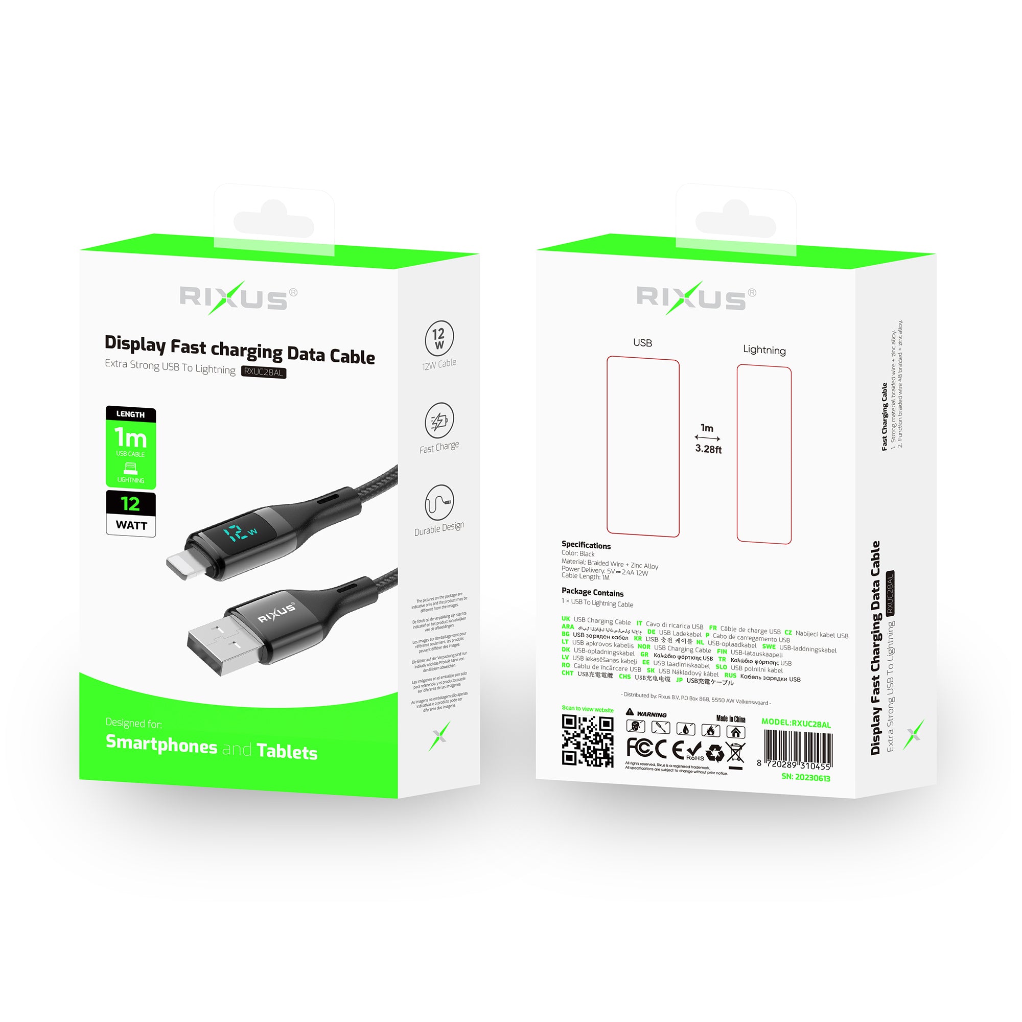 Rixus RXUC28AL Braided USB To Lightning Connector Cable With LED Display 1m Black
