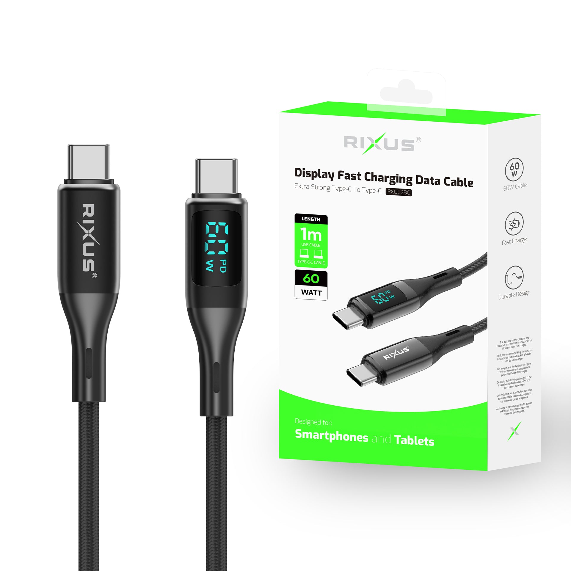 Rixus RXUC28C Braided USB-C Cable With LED Display 1m Black