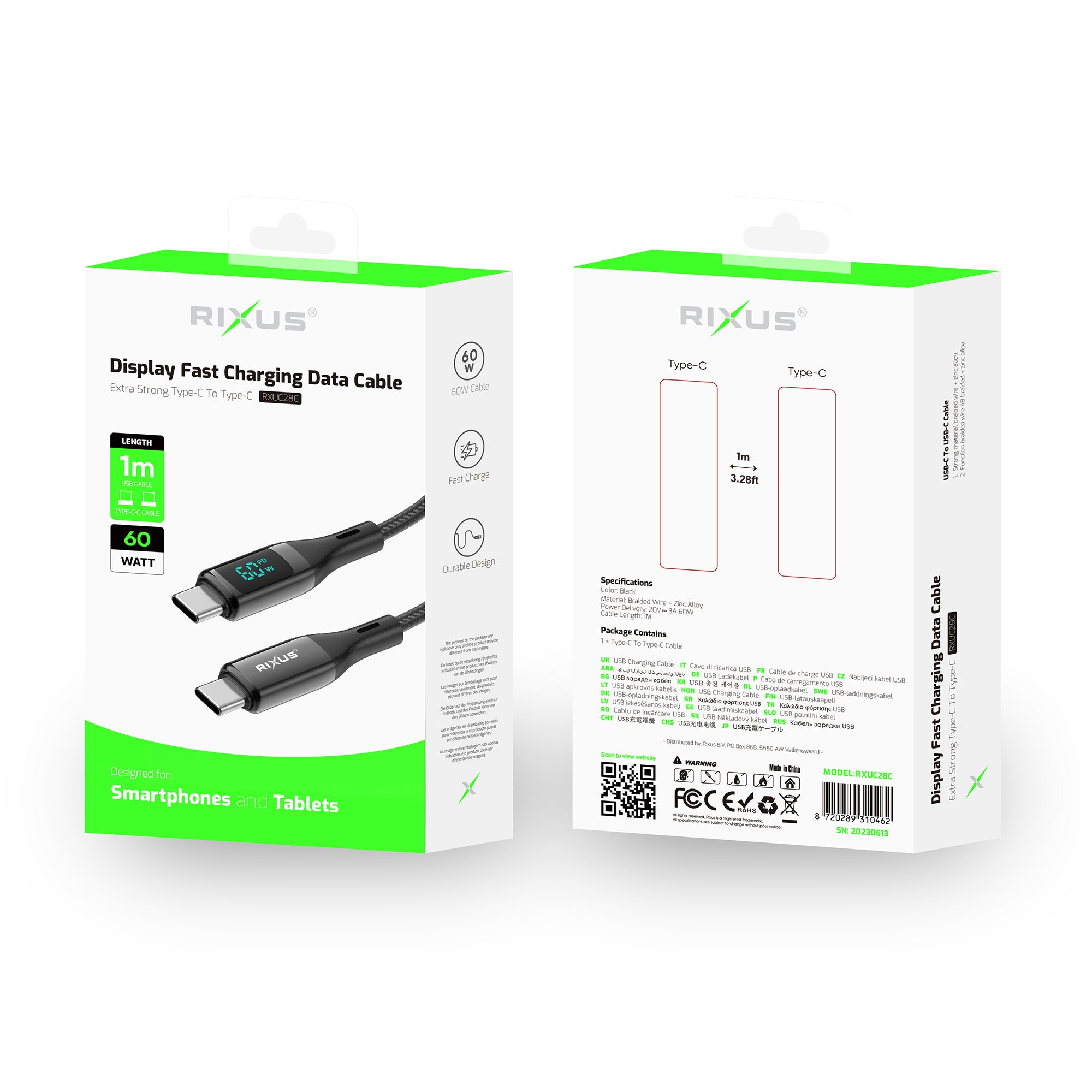 Rixus RXUC28C Braided USB-C Cable With LED Display 1m Black