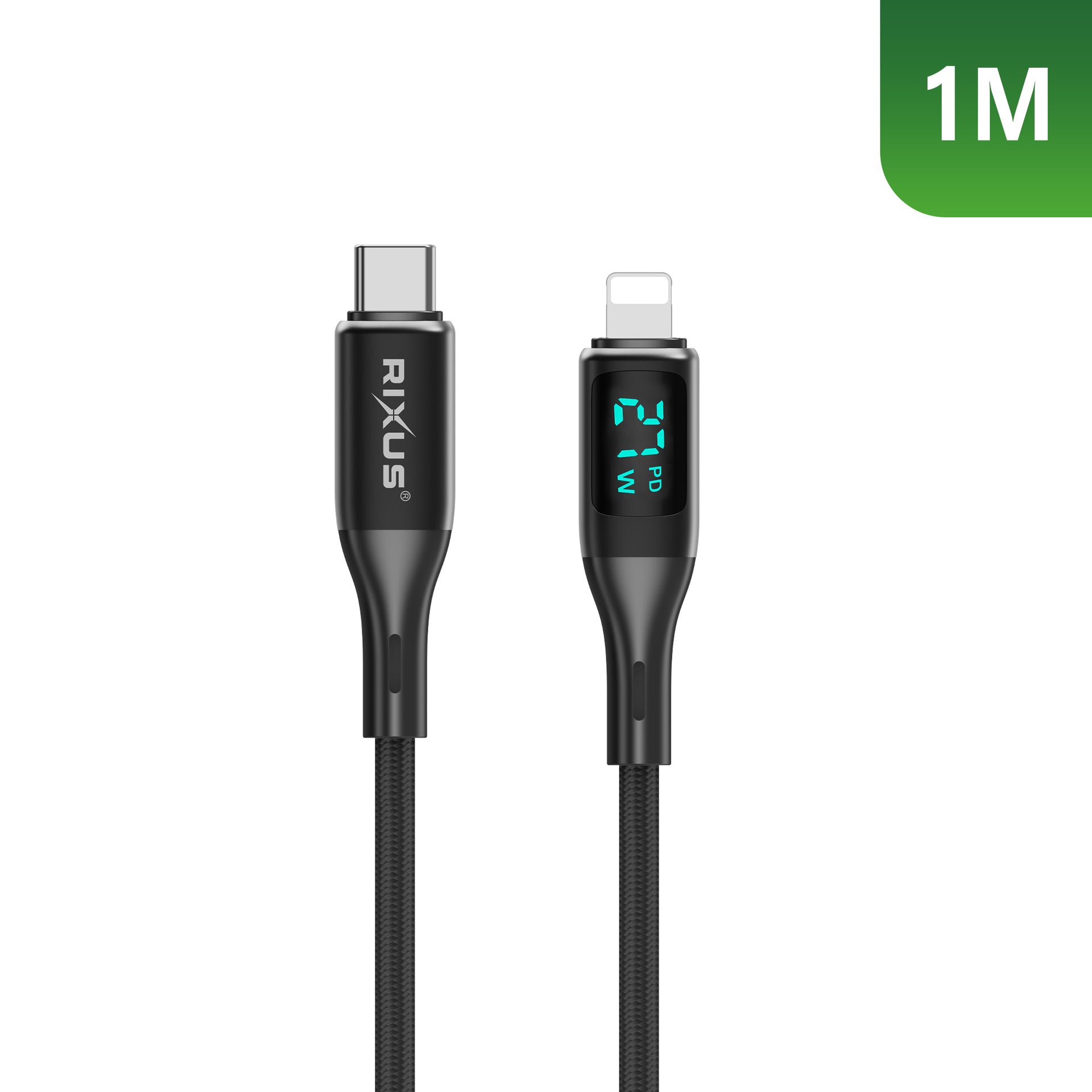 Rixus RXUC28L Braided USB-C To Lightning Connector Cable With LED Display 1m Black