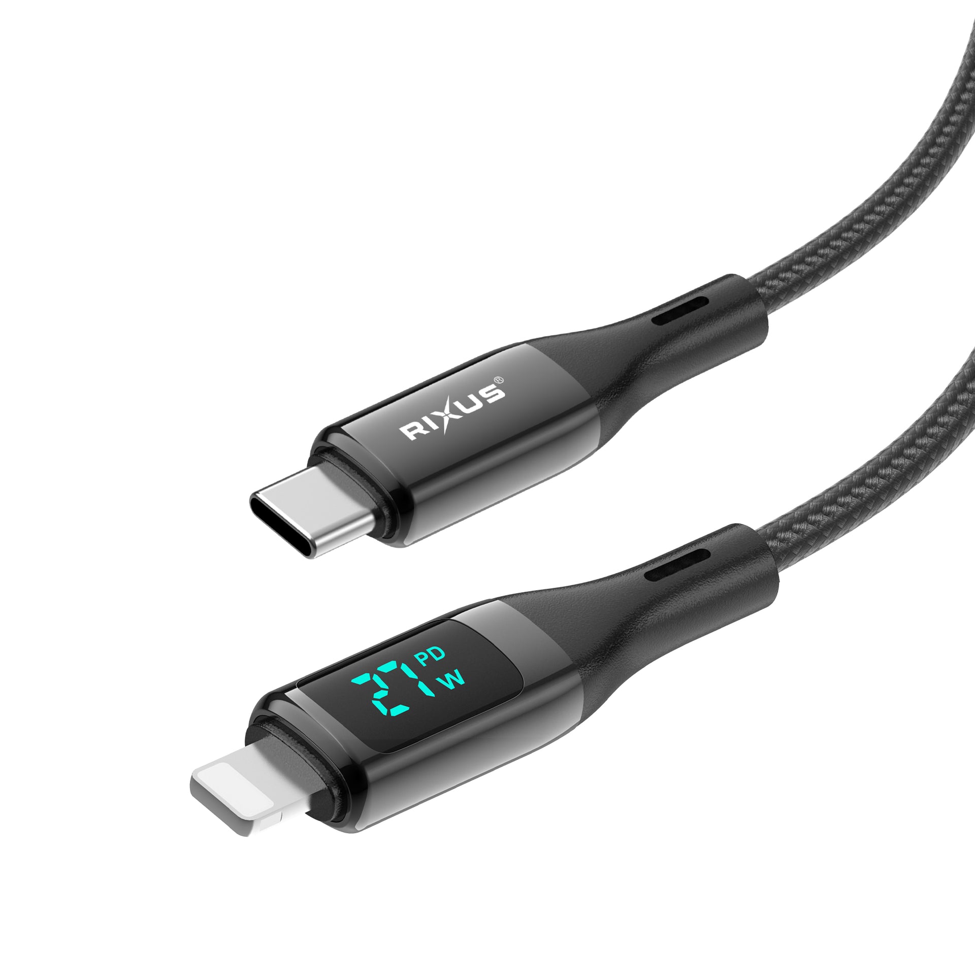 Rixus RXUC28L Braided USB-C To Lightning Connector Cable With LED Display 1m Black