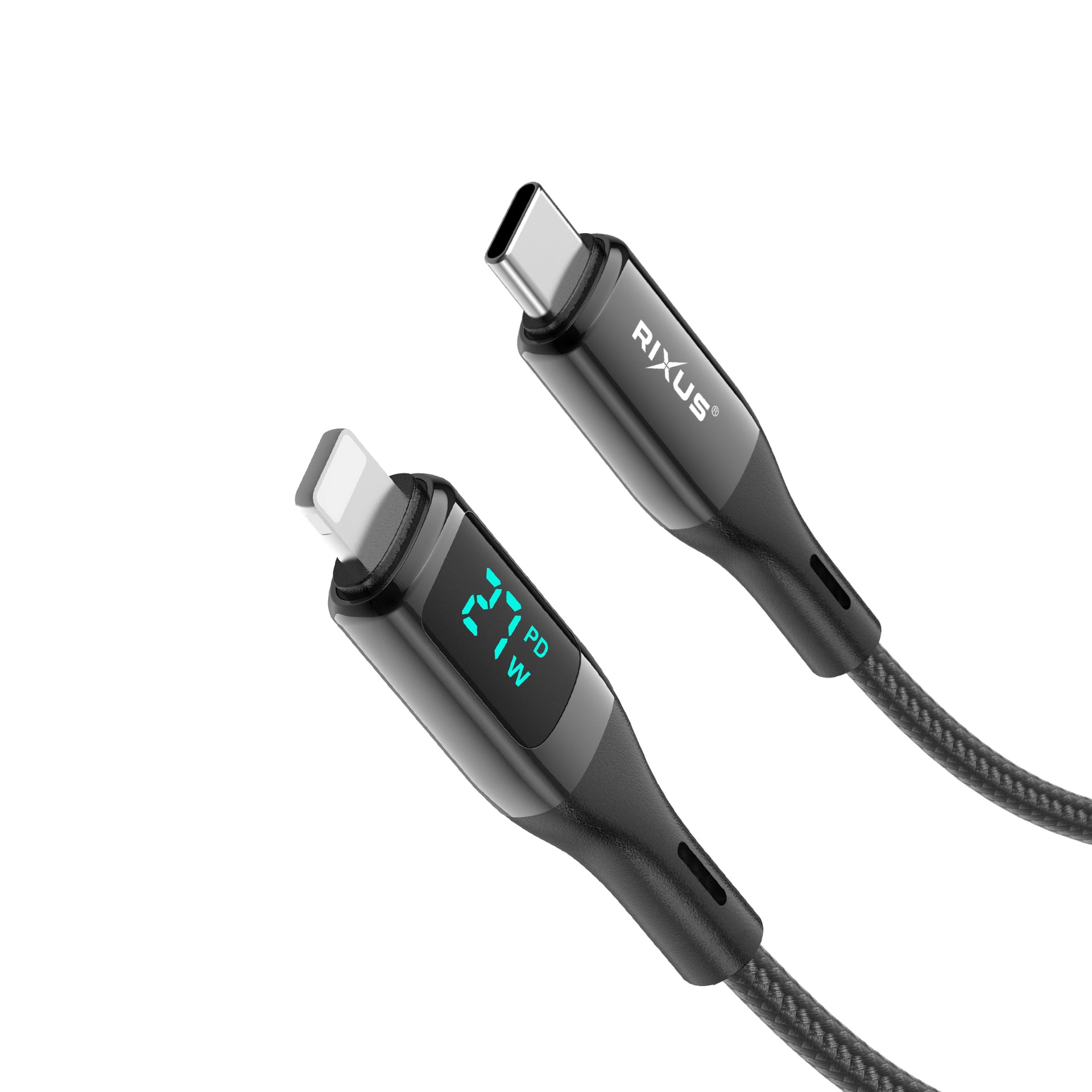 Rixus RXUC28L Braided USB-C To Lightning Connector Cable With LED Display 1m Black