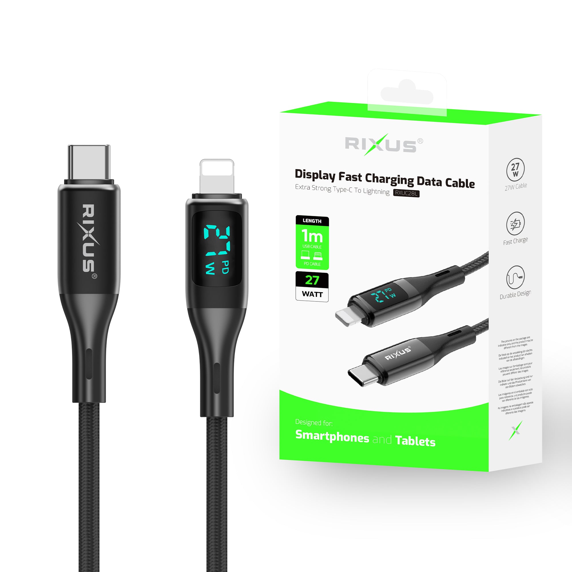 Rixus RXUC28L Braided USB-C To Lightning Connector Cable With LED Display 1m Black