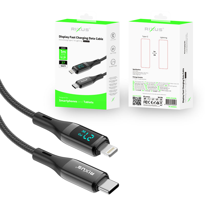 Rixus RXUC28L Braided USB-C To Lightning Cable With LED Display 1m Black
