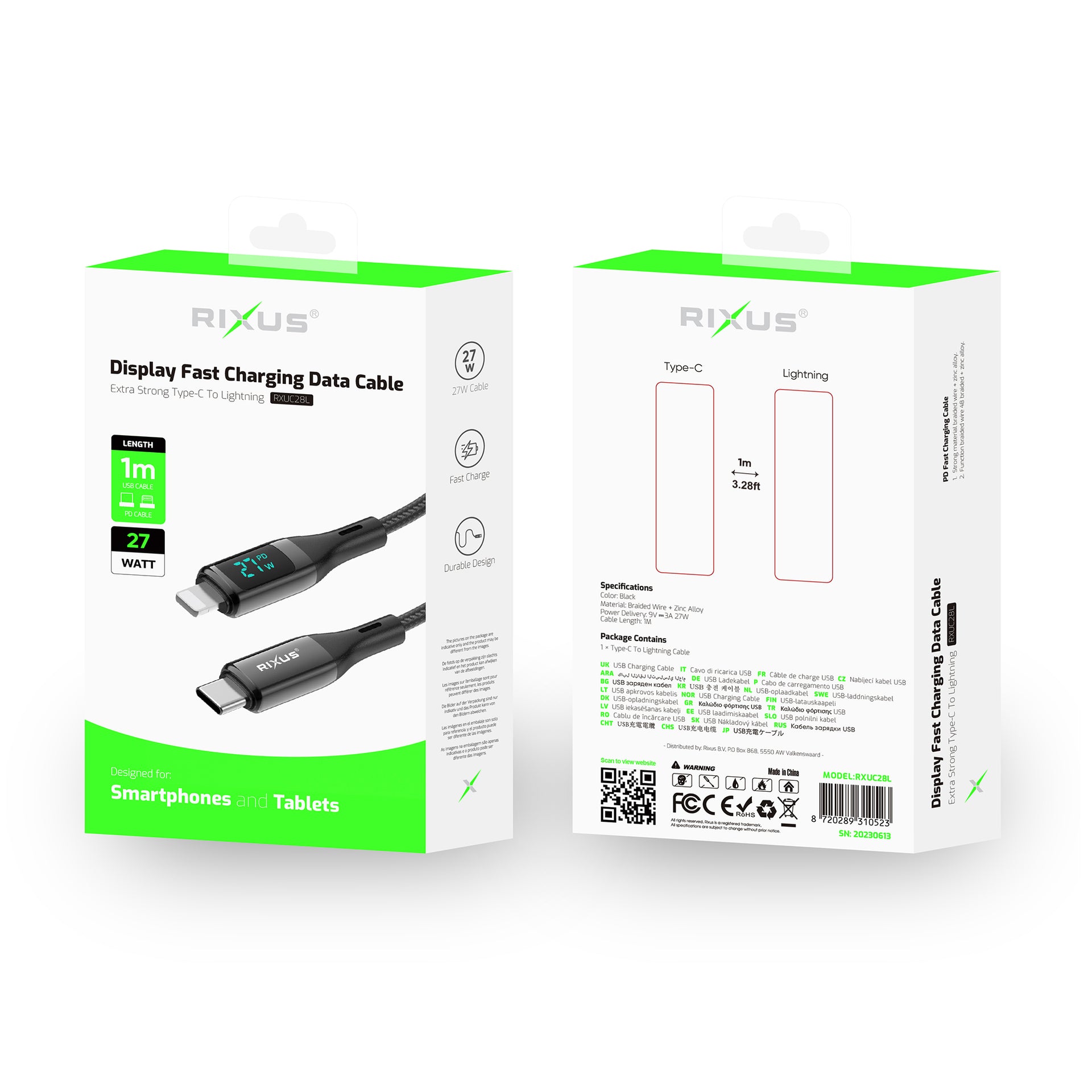 Rixus RXUC28L Braided USB-C To Lightning Connector Cable With LED Display 1m Black