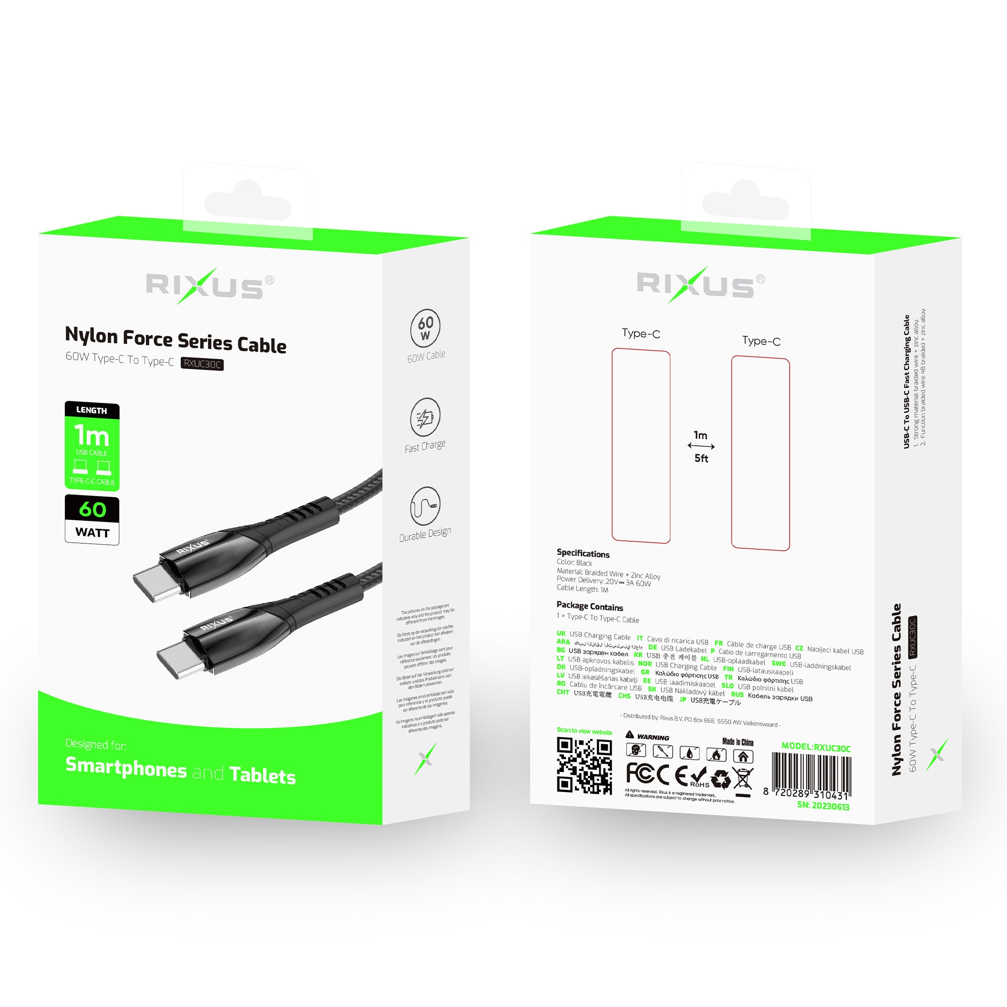 Rixus RXUC30C Alloy USB-C Data Cable Metal Gray