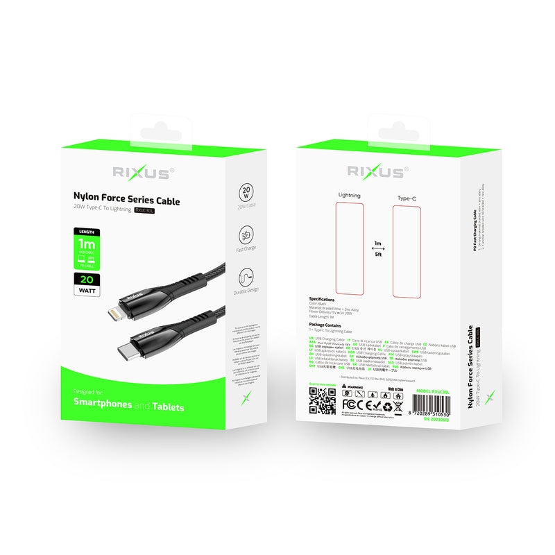 Rixus RXUC30L  Alloy USB-C To Lightning Data Cable Metal Gray