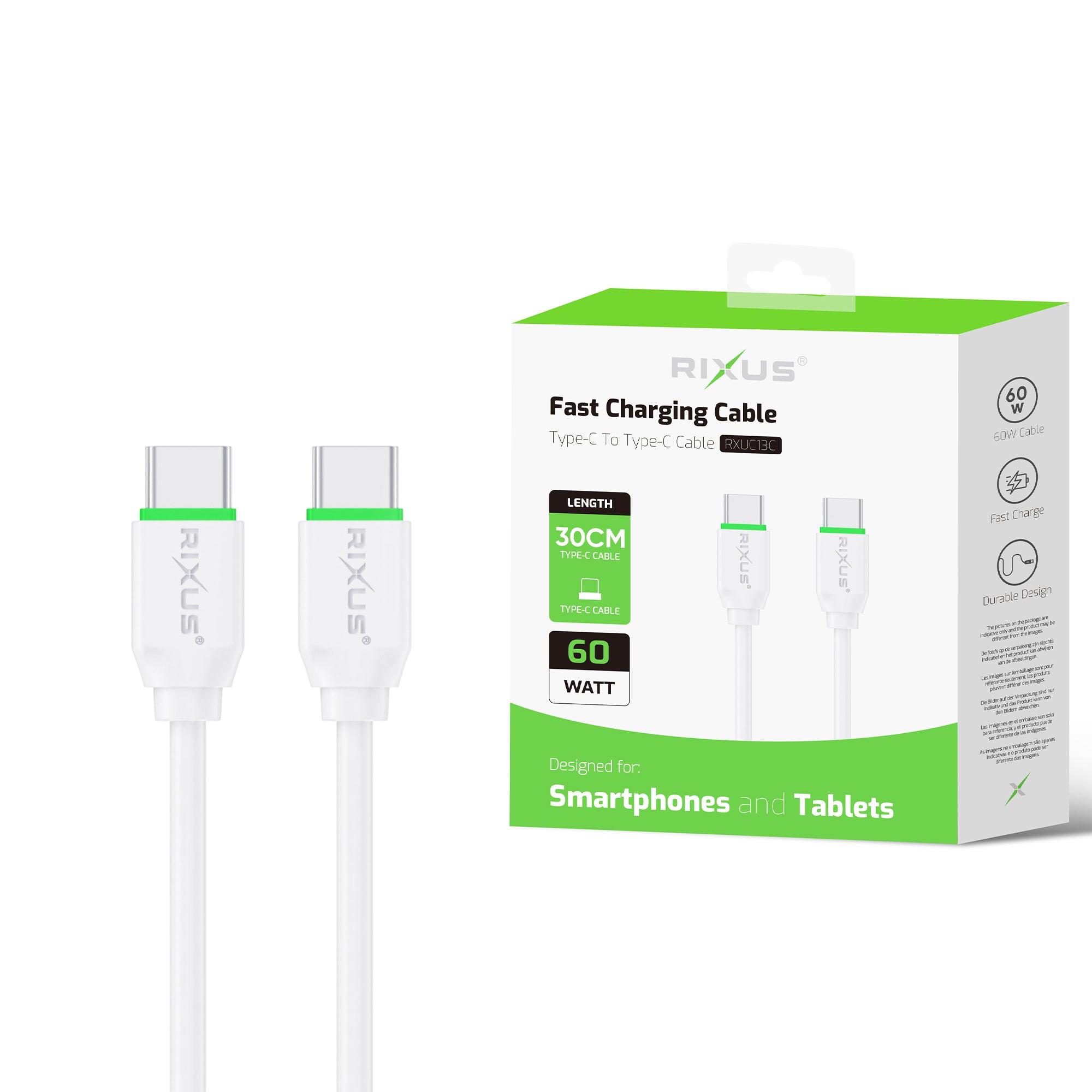 Rixus RXUC13C Fast Charging Cable USB-C To USB-C 30cm White