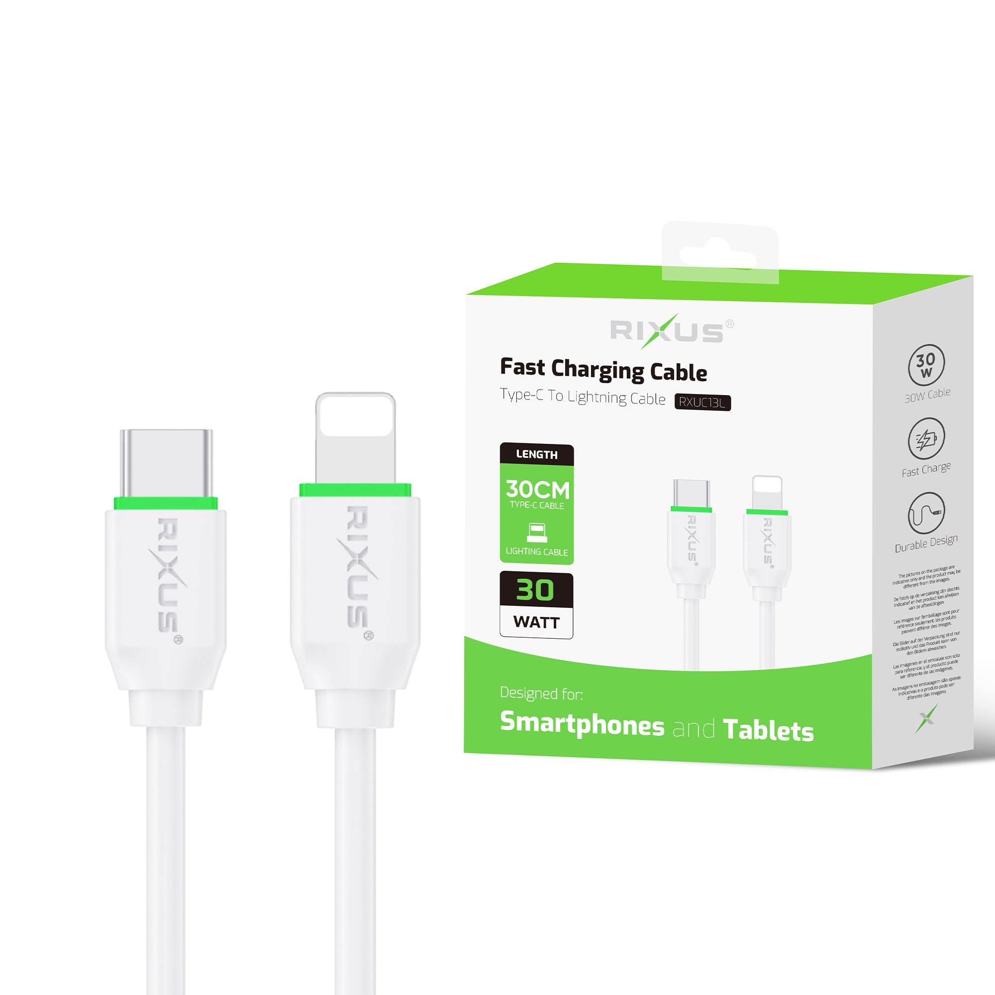 Rixus RXUC13L Fast Charging Cable USB-C To Lightning Connector 30cm White