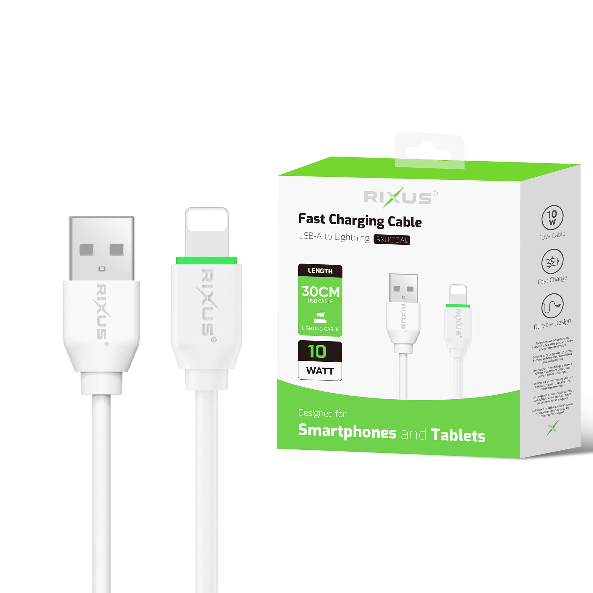 Rixus RXUC13AL Charging Cable USB-A To Lightning Connector 30cm White