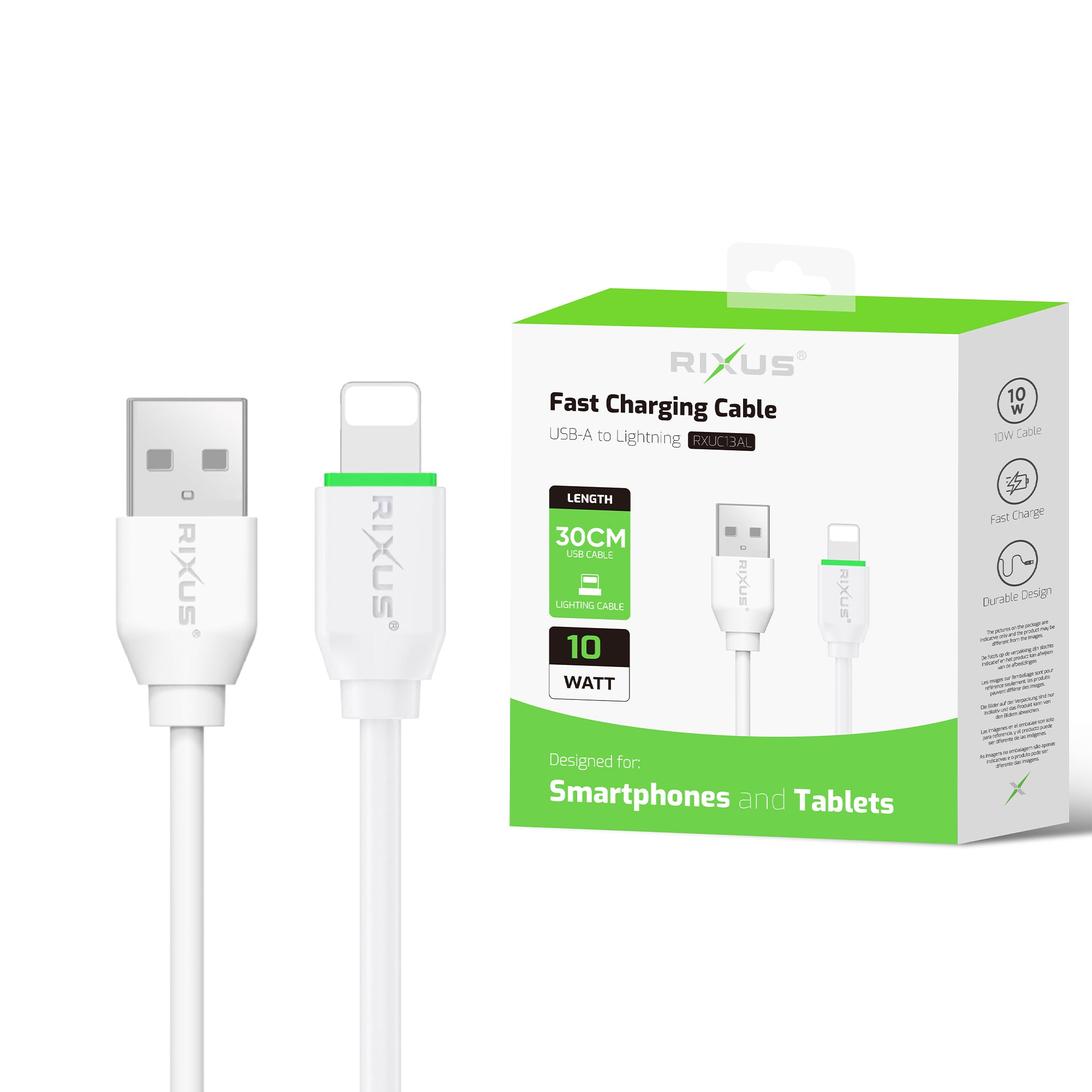 Rixus RXUC13AL Charging Cable USB-A To Lightning Connector 30cm White