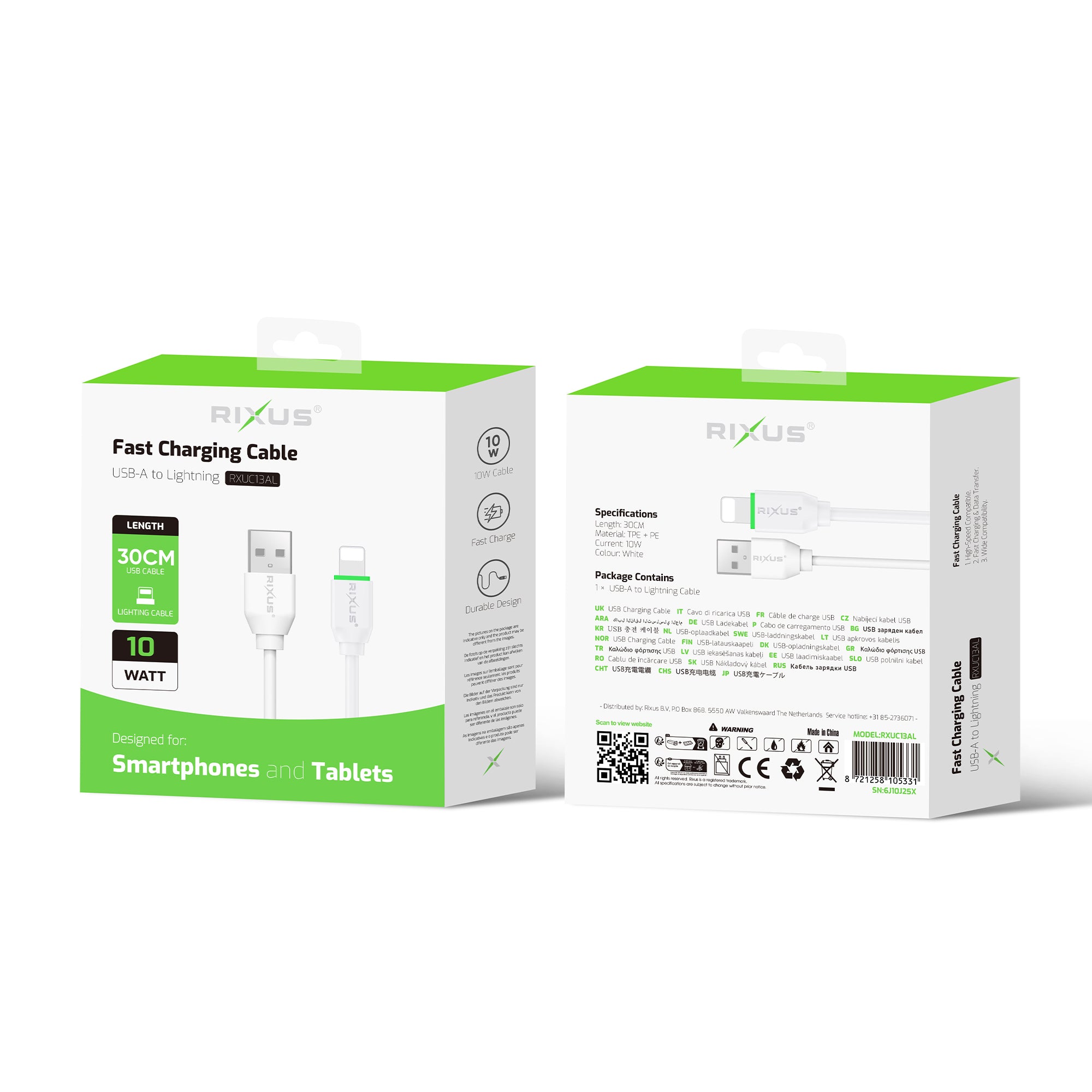 Rixus RXUC13AL Charging Cable USB-A To Lightning Connector 30cm White